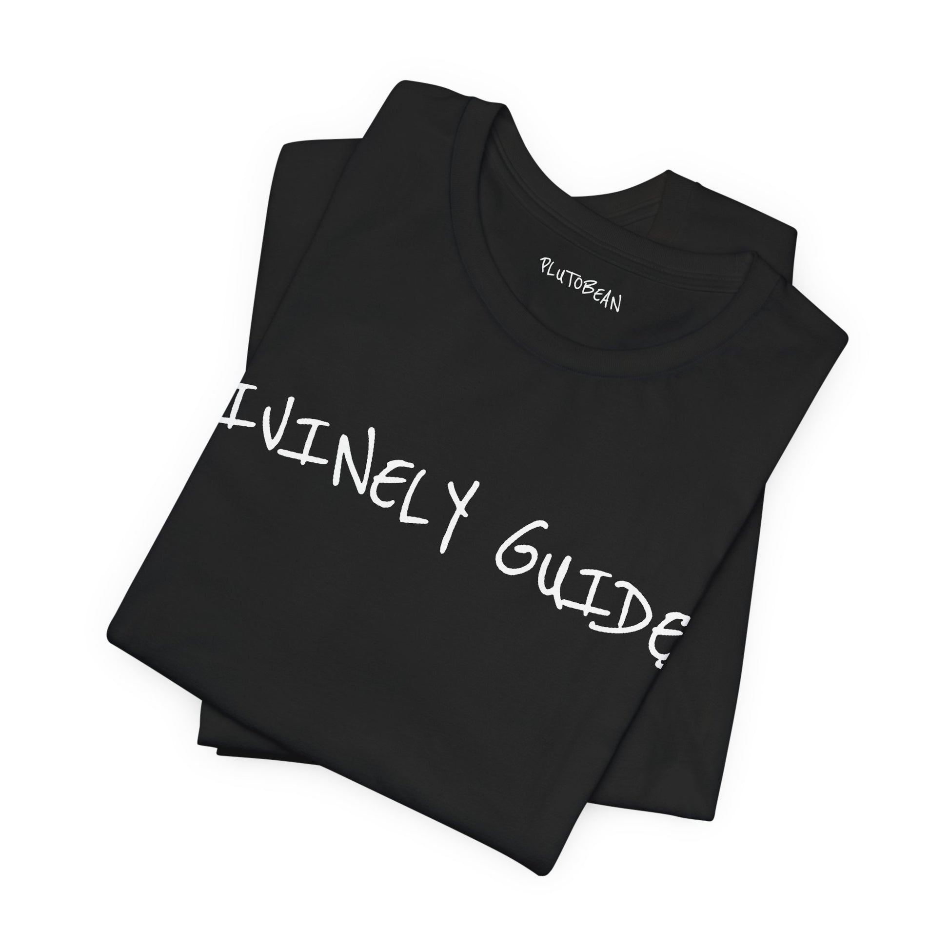 Folded black tee featuring bold handwritten “DIVINELY GUIDED” wordmark in white