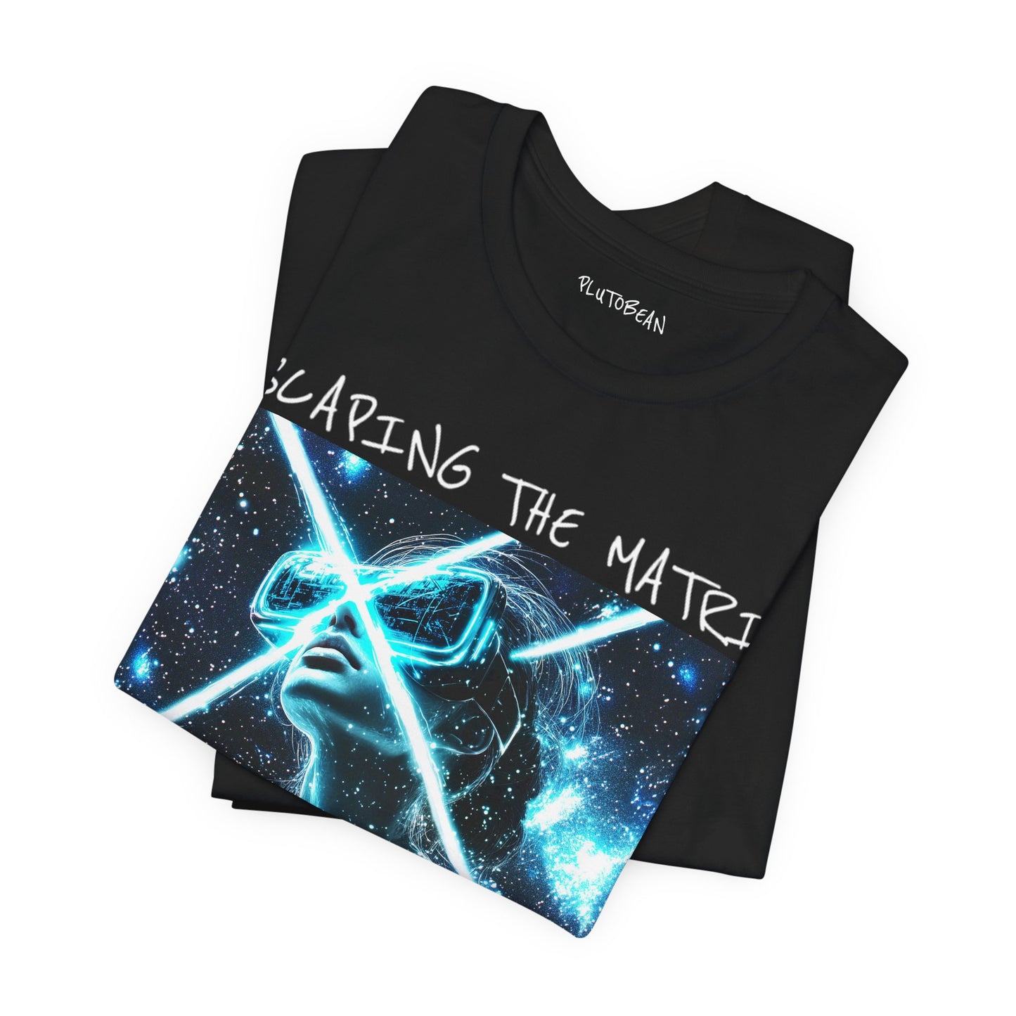 Black t-shirt with graphic design and text 'SCARING THE MATRIX' on a white background
