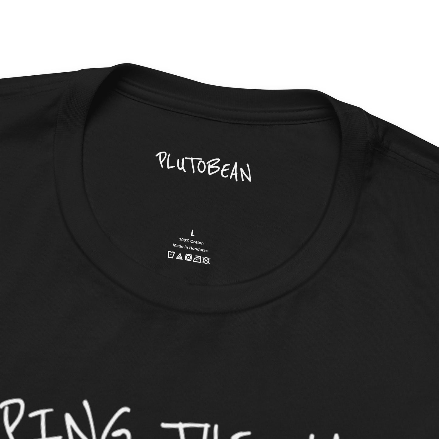 Black t-shirt with 'PLUTOBEAN' branding on the collar against a white background