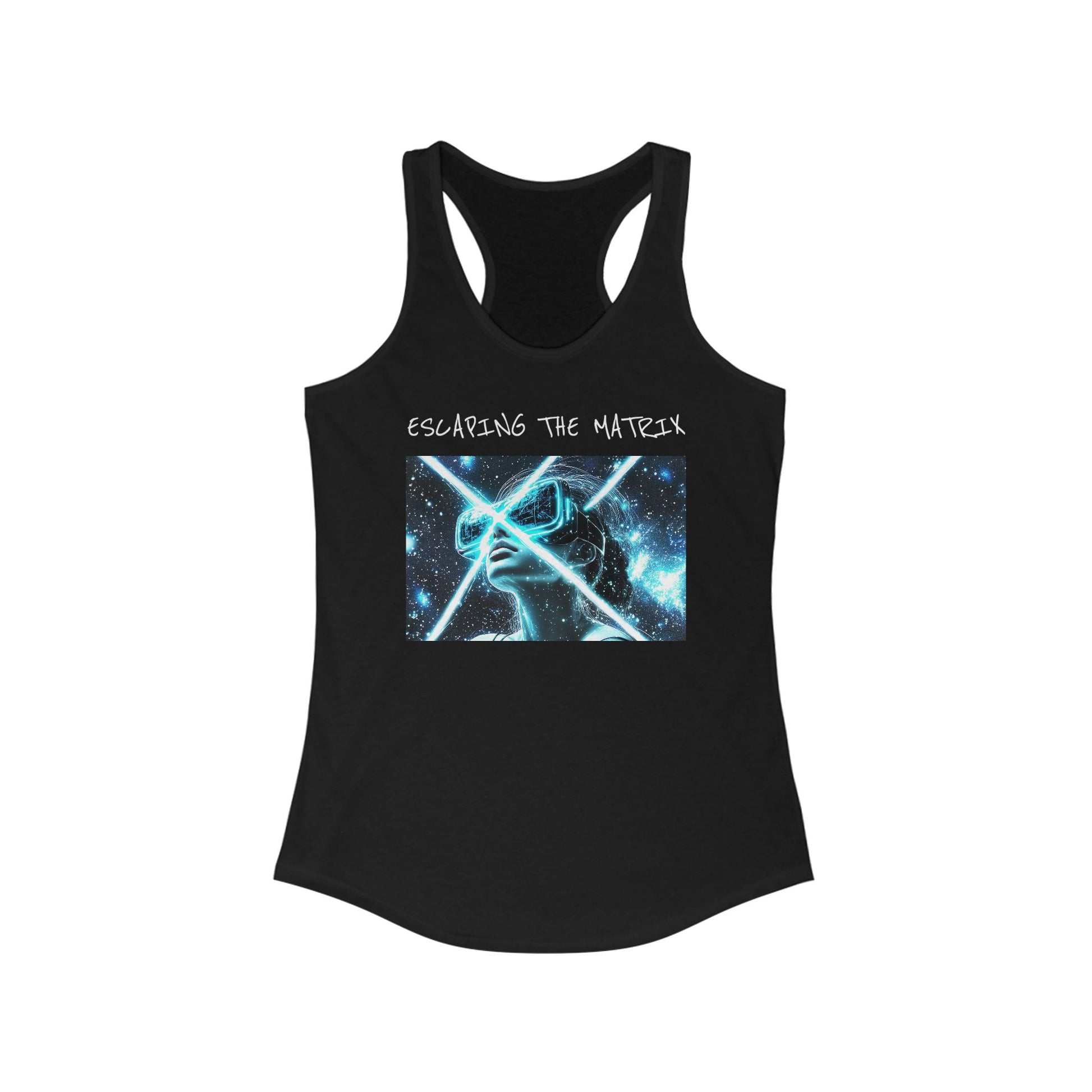 Black tank top with graphic design and text on a white background
