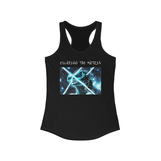 Black tank top with graphic design and text on a white background