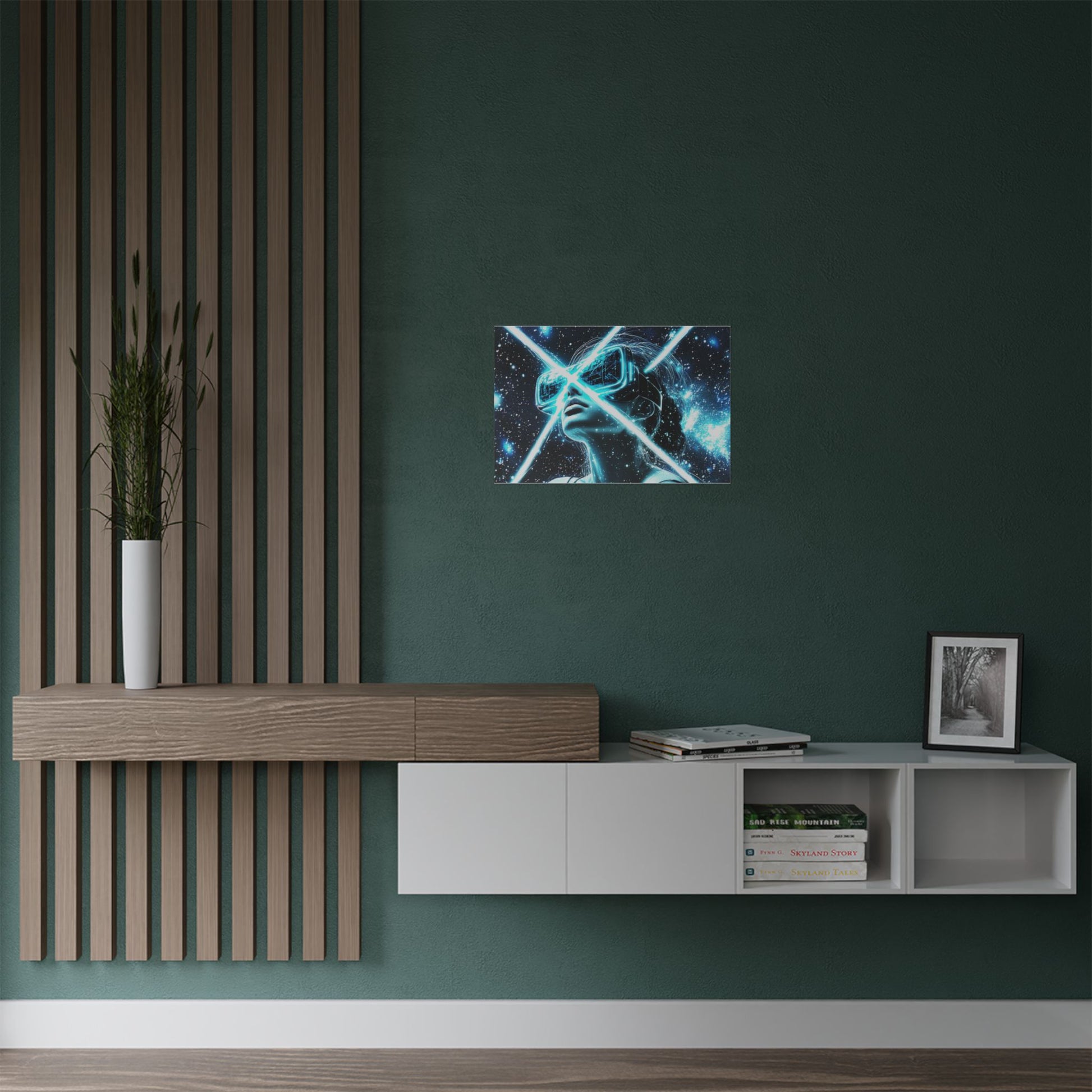 Modern living room with wooden console, white shelves, and wall art on a dark green wall.