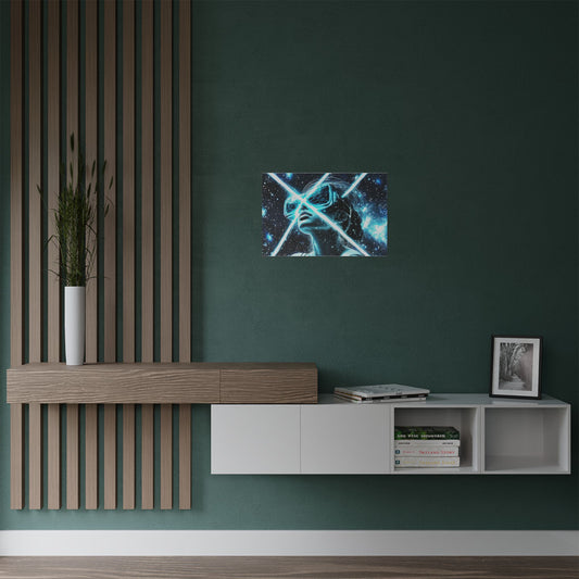 Modern living room with wooden console, white shelves, and wall art on a dark green wall.