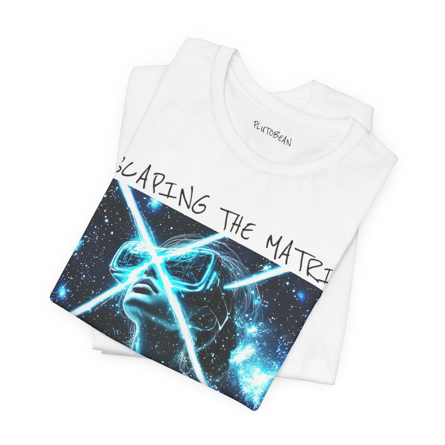 White t-shirt with graphic design and text on a white background