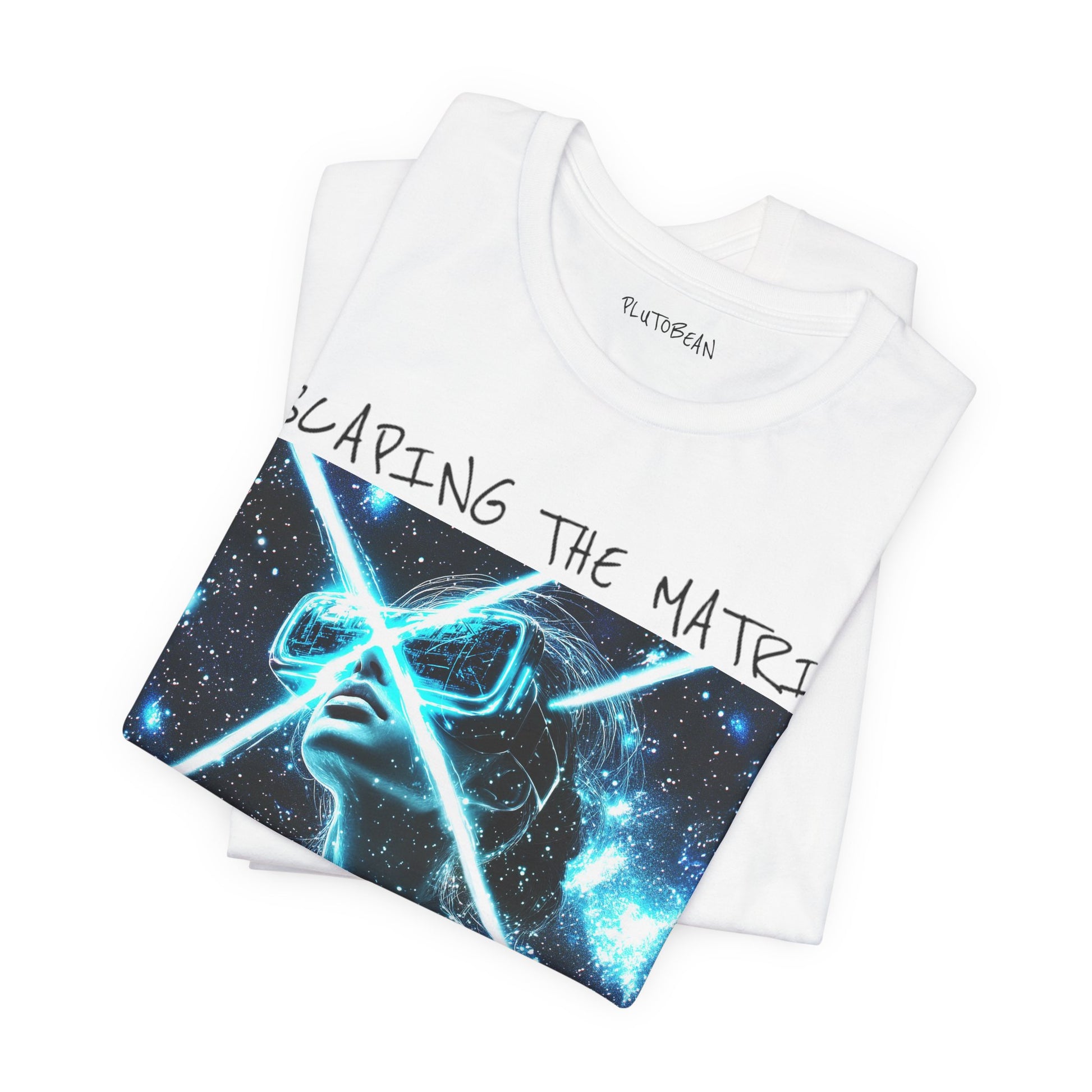 White t-shirt with graphic design and text on a white background