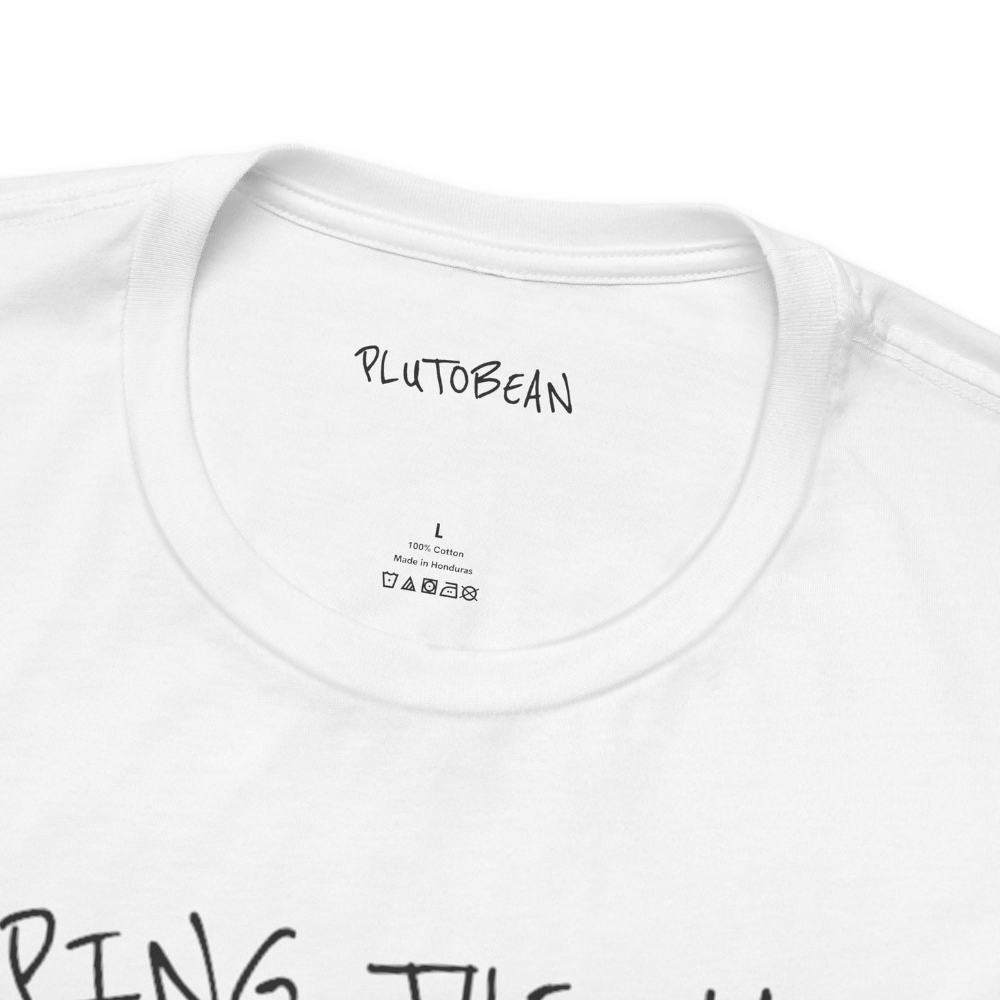 White t-shirt with 'PLUTOBEAN' branding on a white background