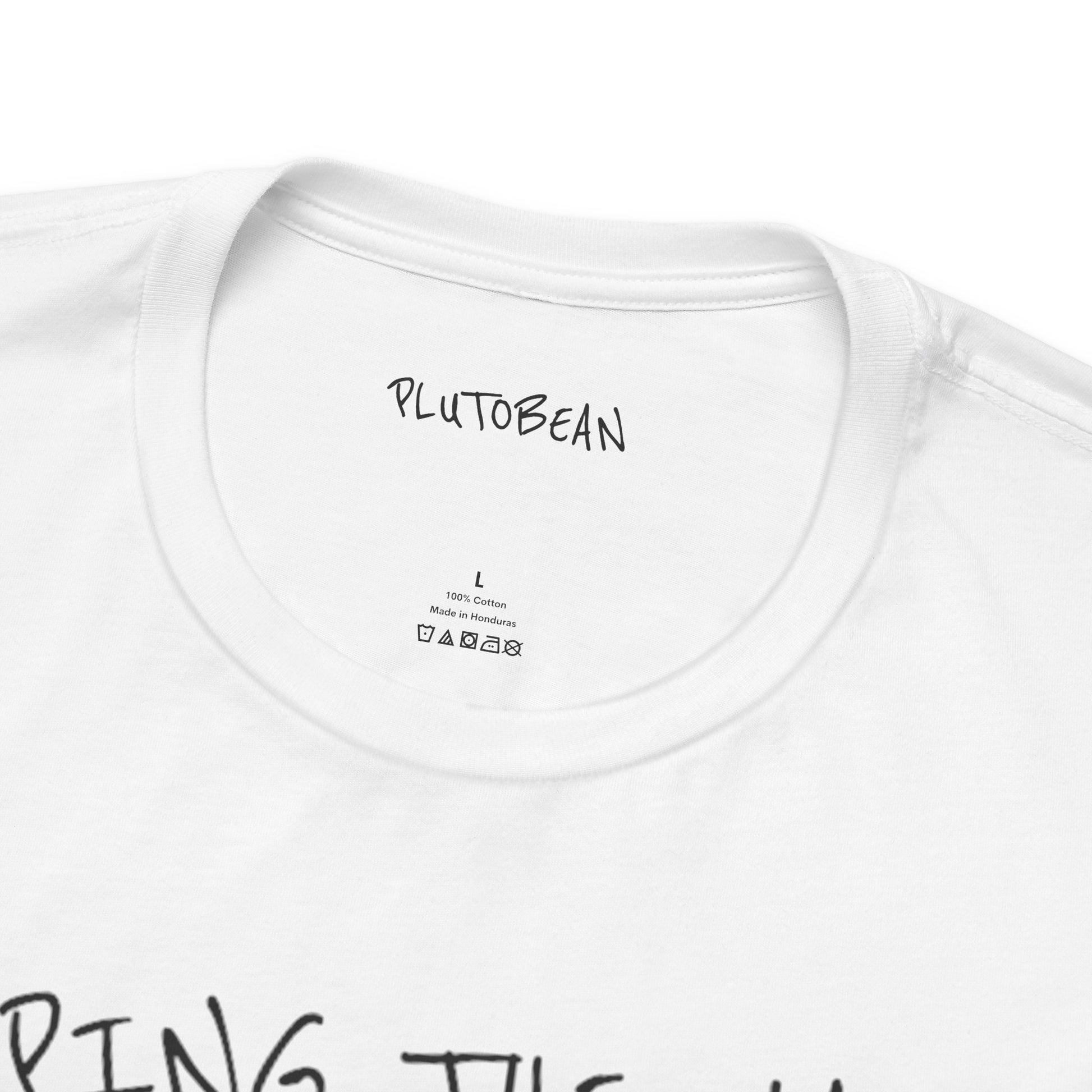 White t-shirt with 'PLUTOBEAN' branding on a white background