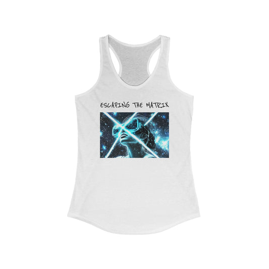 White tank top with graphic design and text on a white background