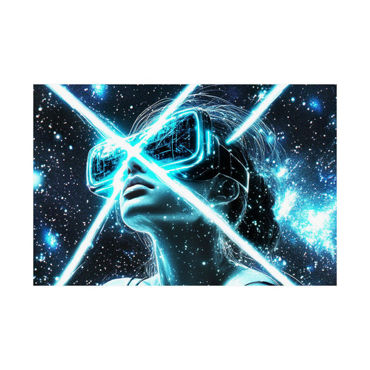 Person wearing a futuristic helmet with a starry space background