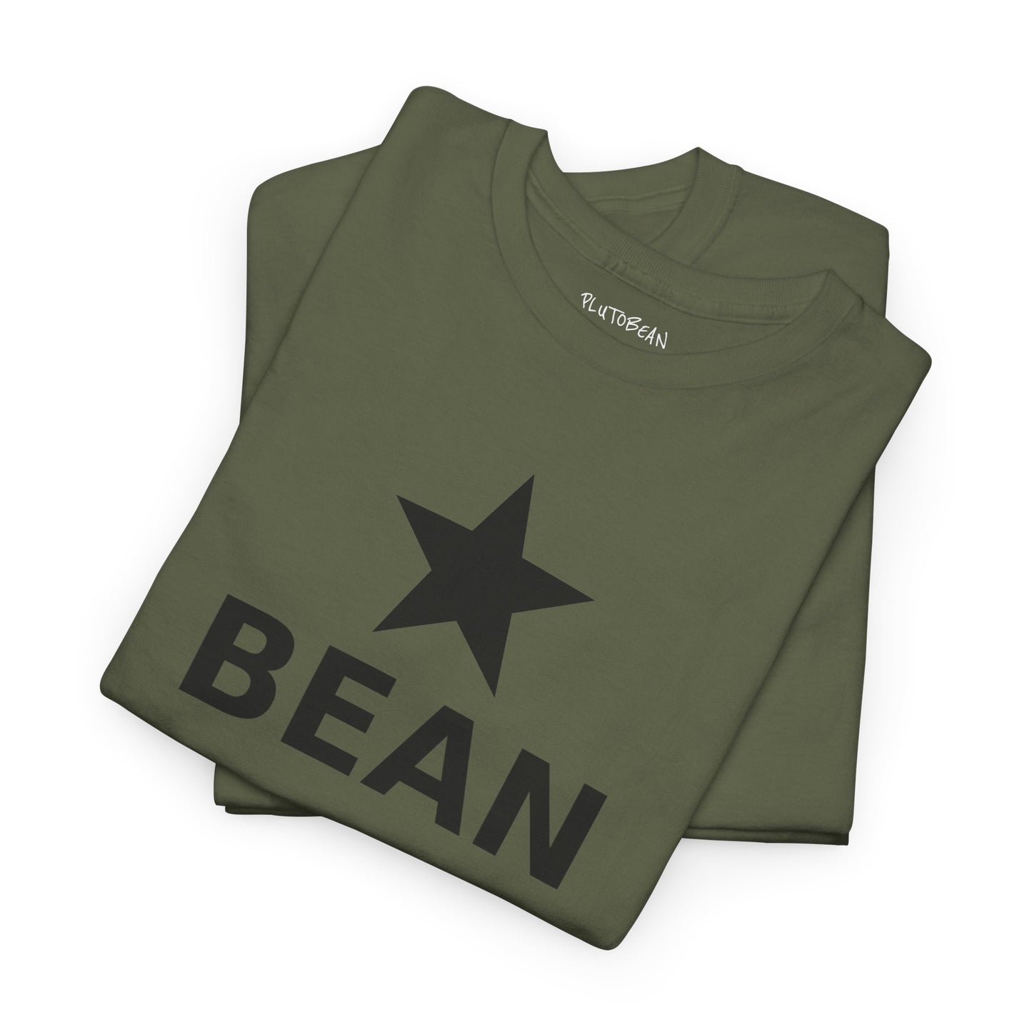 Folded green t-shirt with a star and 'BEAN' text on a white background