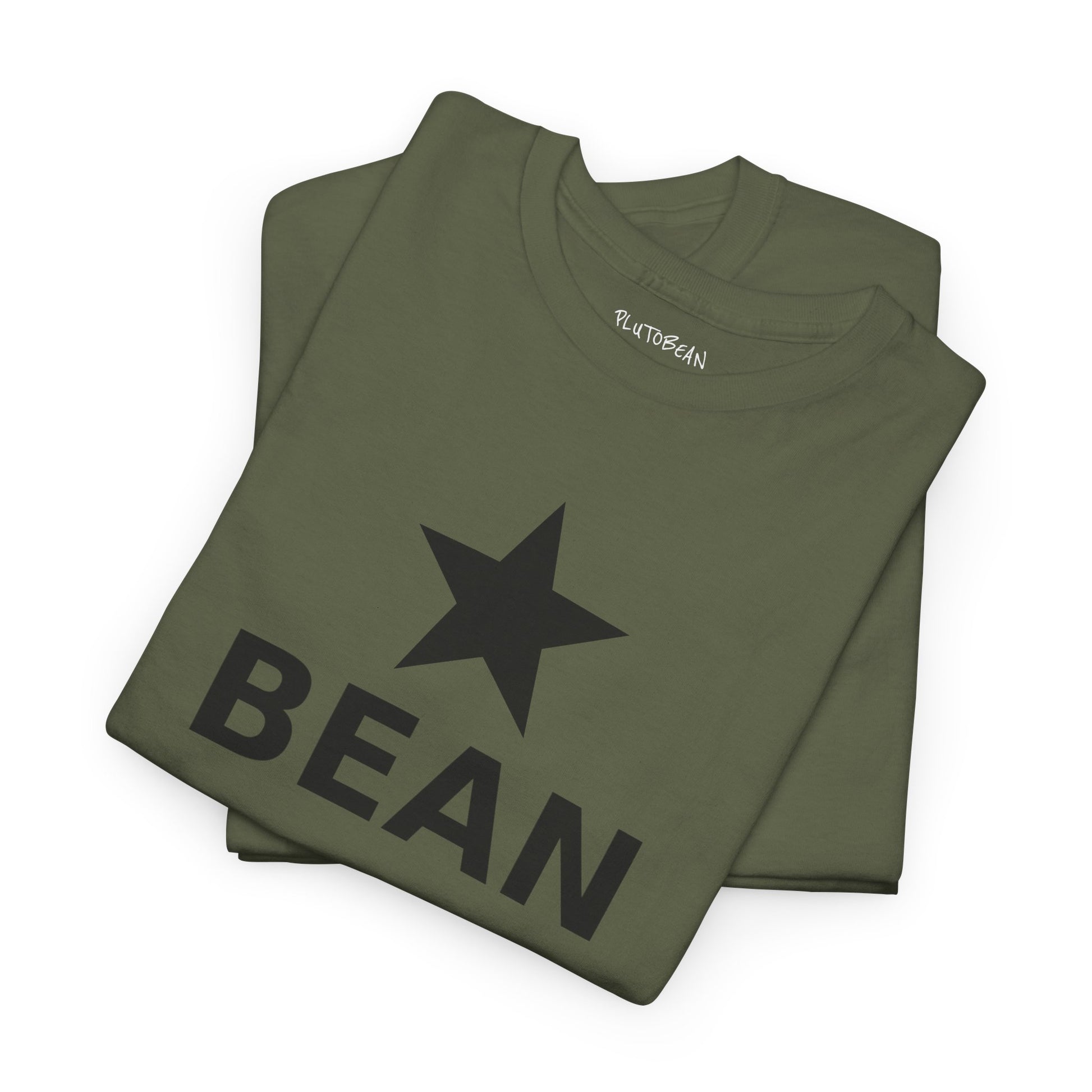 Folded green t-shirt with a star and 'BEAN' text on a white background