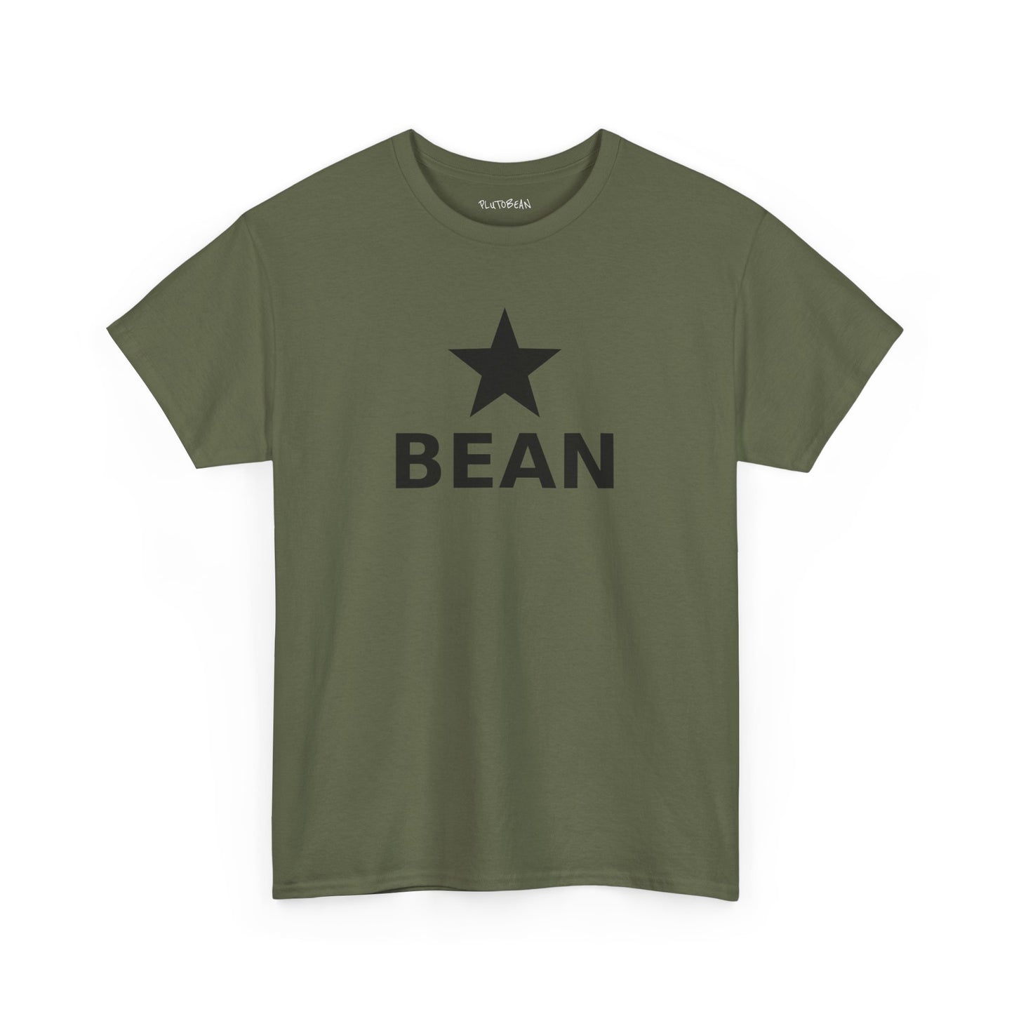 Green t-shirt with a black star and 'BEAN' text on a white background