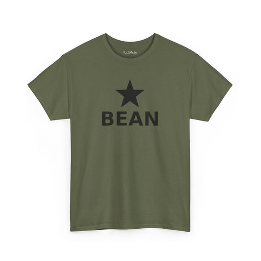 Green t-shirt with a black star and 'BEAN' text on a white background