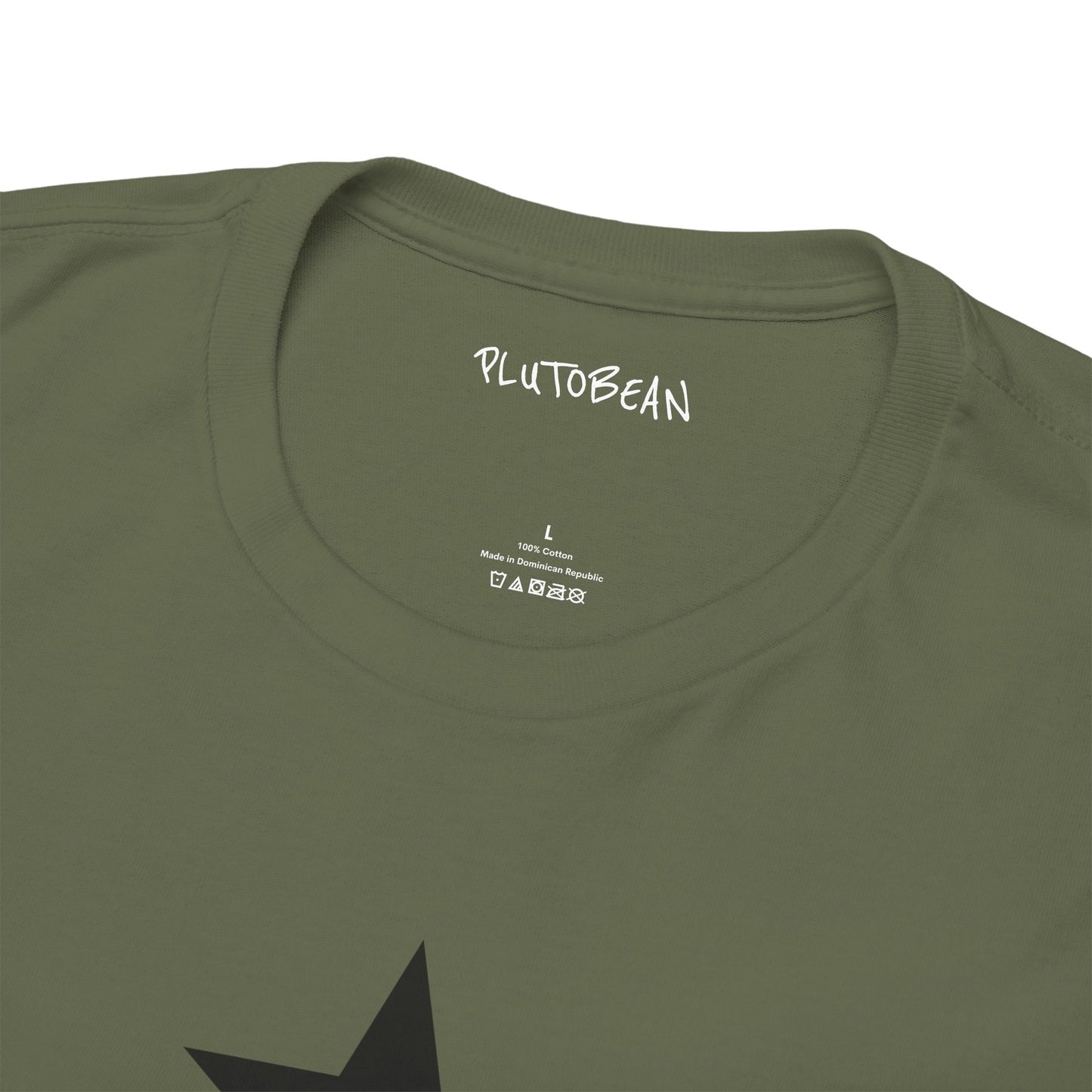 Green t-shirt with 'PLUTO BEAN' branding on a white background