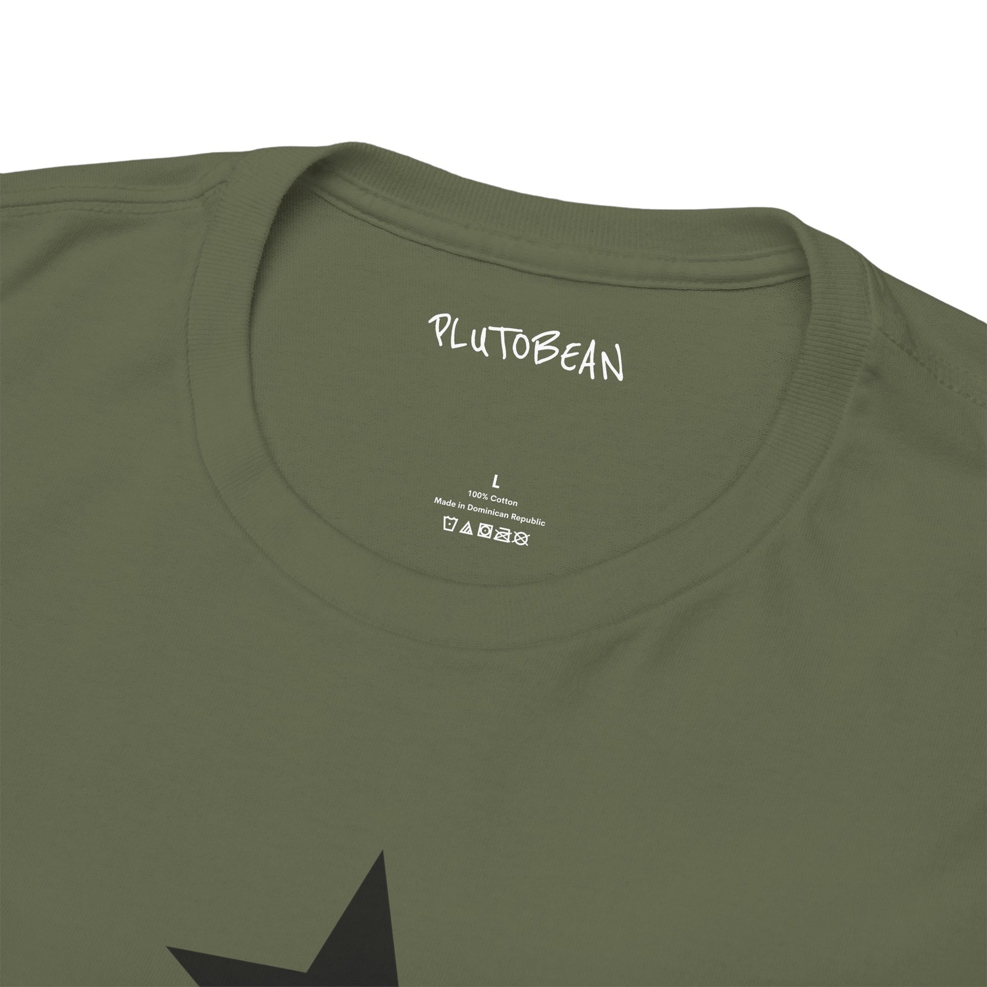 Green t-shirt with 'PLUTO BEAN' branding on a white background