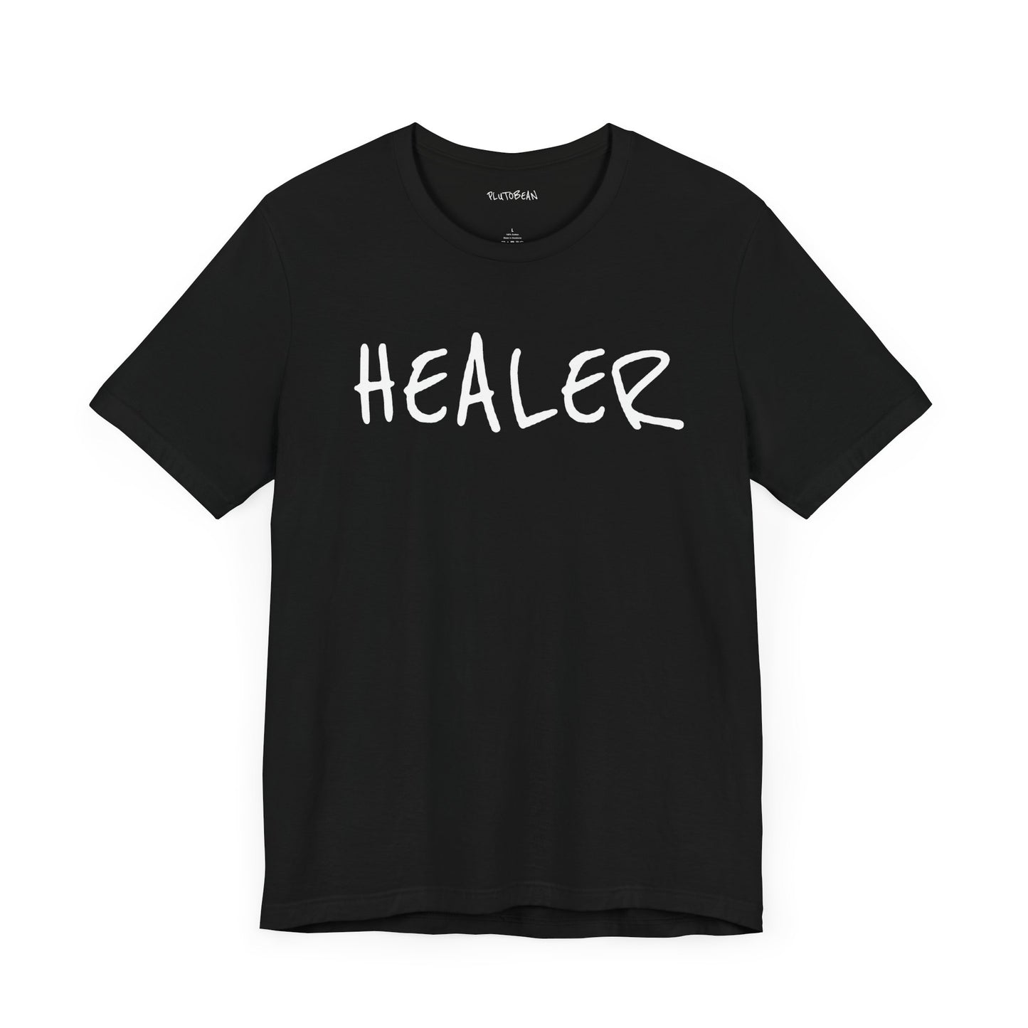 Black t-shirt with handwritten white “HEALER” text across the chest