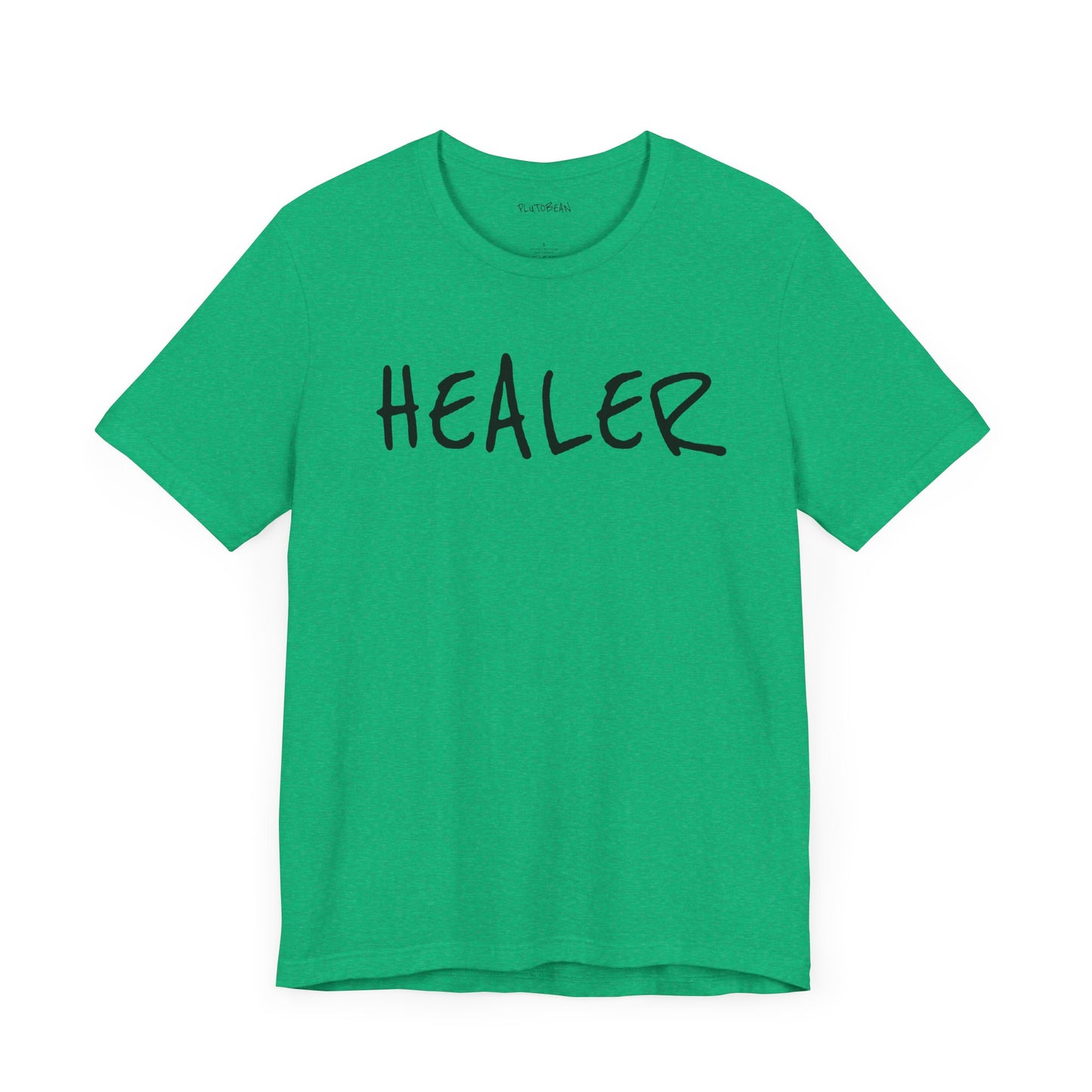 Heather Kelly green t-shirt with handwritten black “HEALER” text across the chest