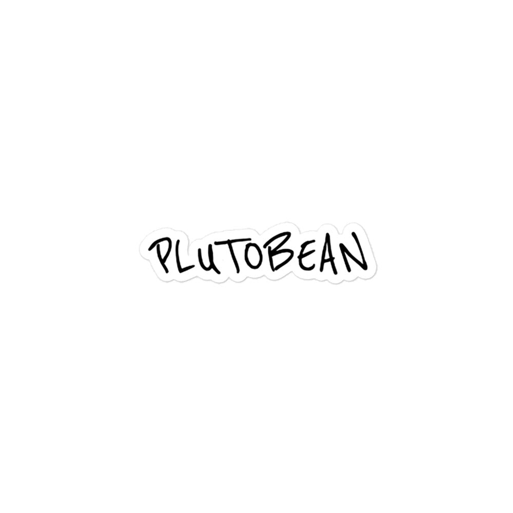 Die-cut sticker with handwritten black “PLUTOBEAN” logo on a white background 3x3