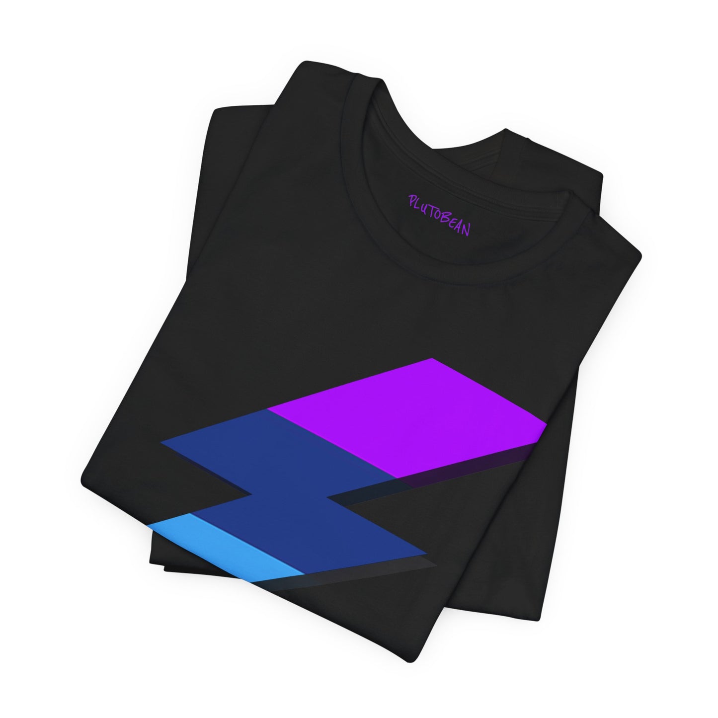 Folded black tee with multicolored lightning bolt design
