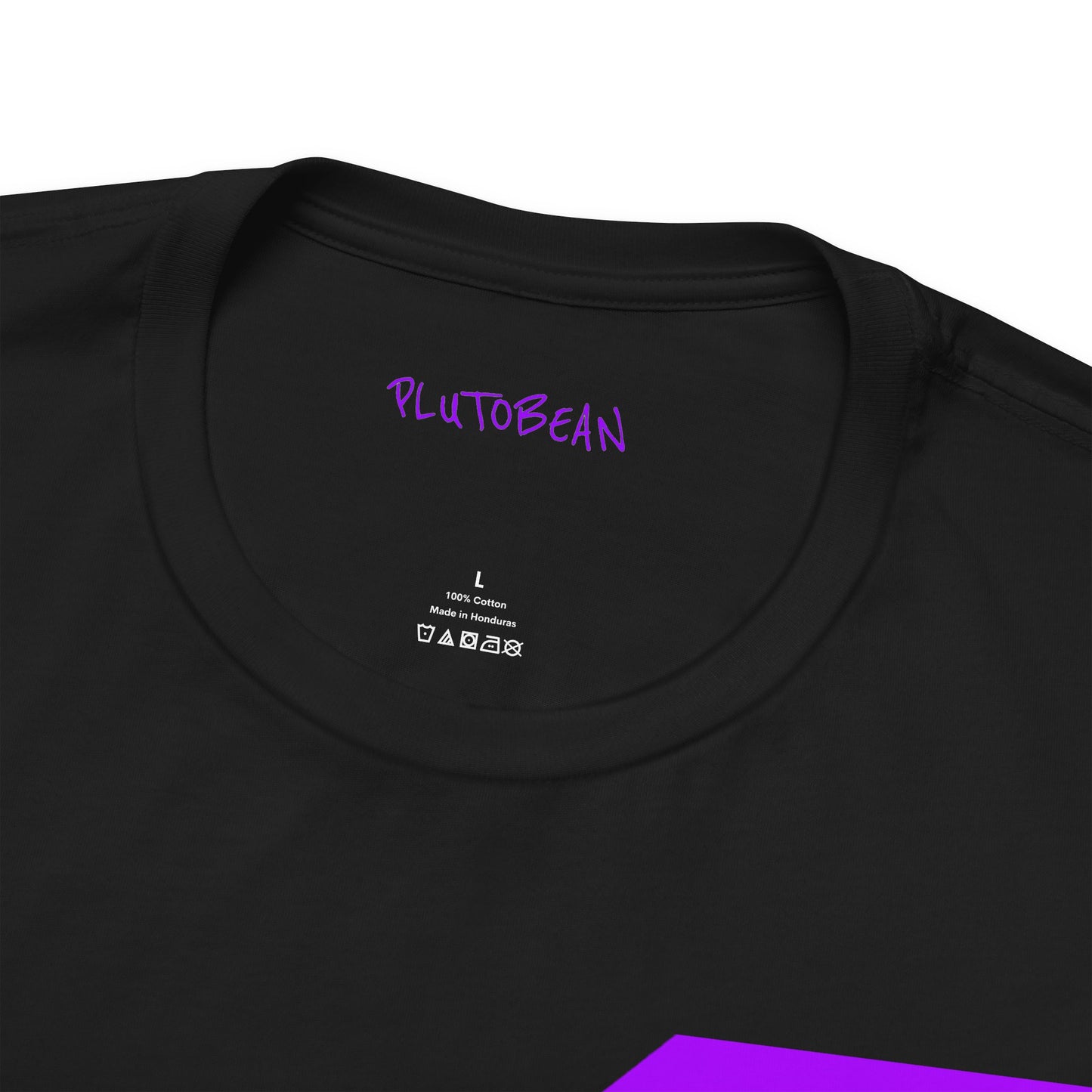 Close-up of collar and tag on black LIGHTNING BOLT tee with visible lightning detail