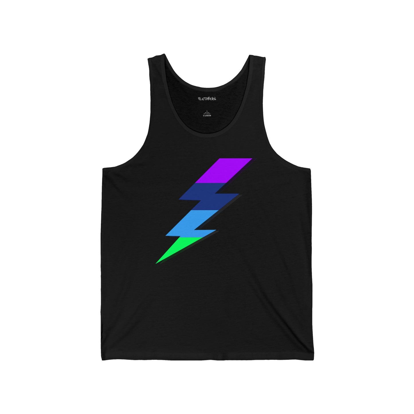 Black tank top with a colorful lightning bolt design on a white background