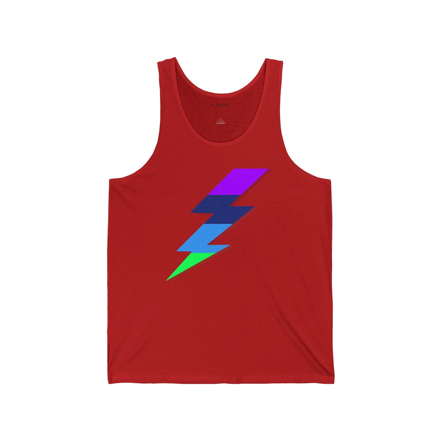 Red tank top with a colorful lightning bolt design on a white background