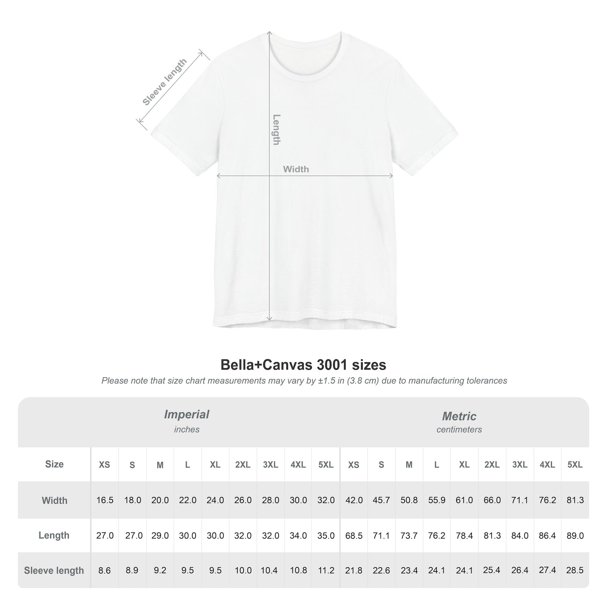 Size chart for LIGHTNING BOLT tee with unisex measurements