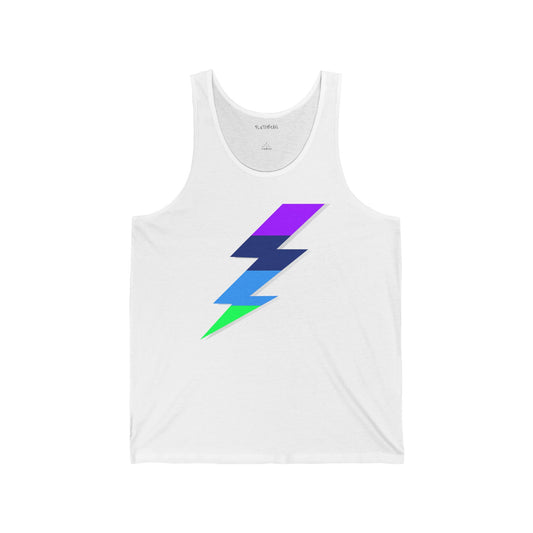 White tank top with a colorful lightning bolt design on a white background