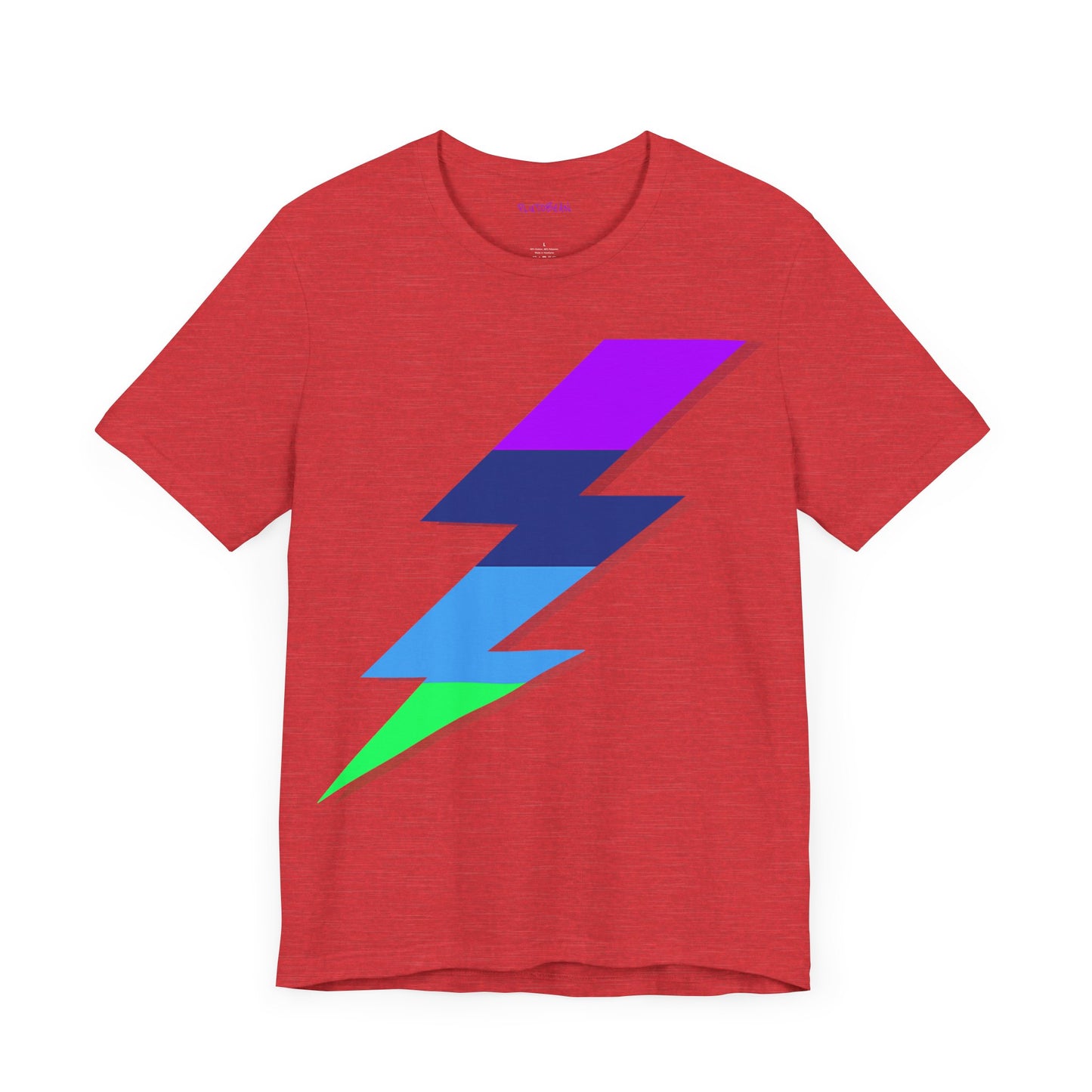 Red t-shirt featuring a multicolored lightning bolt graphic with purple, blue, and green hues