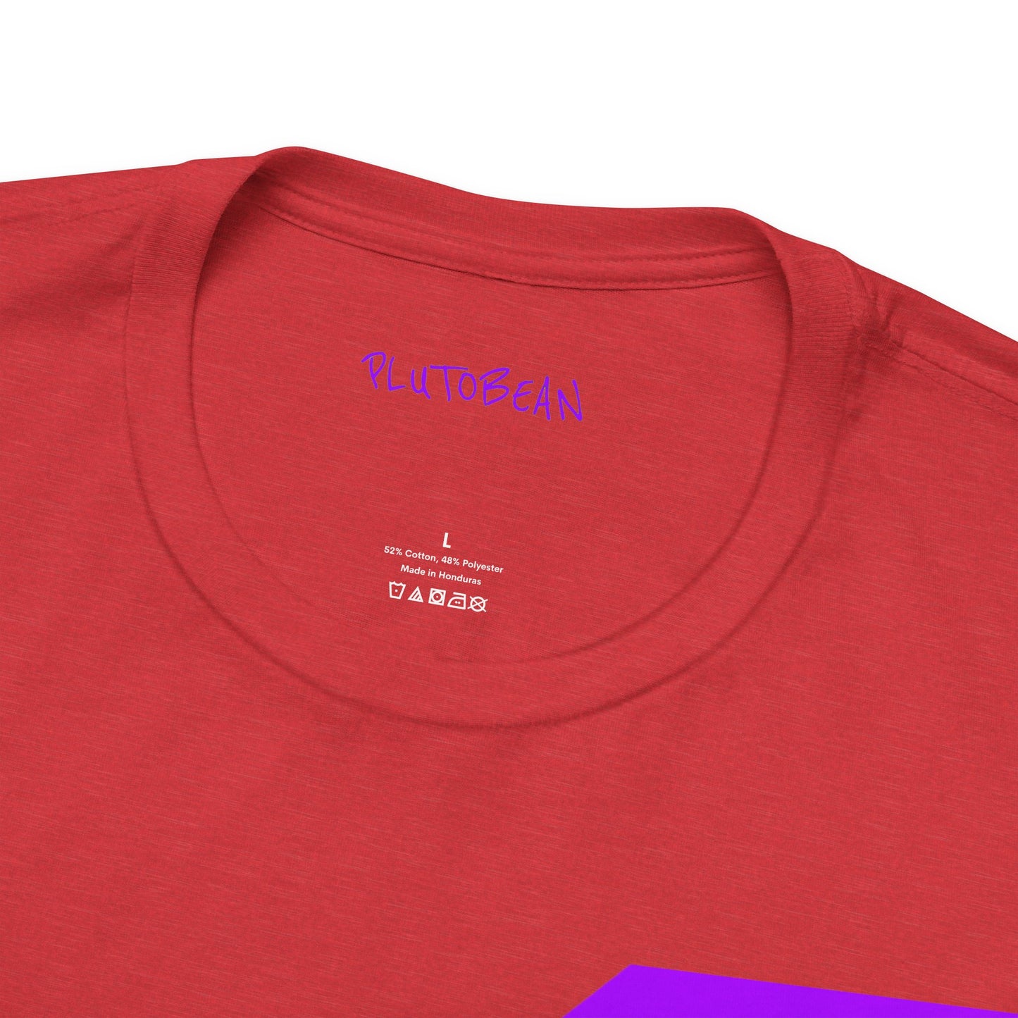 Close-up of neckline and label on red LIGHTNING BOLT tee