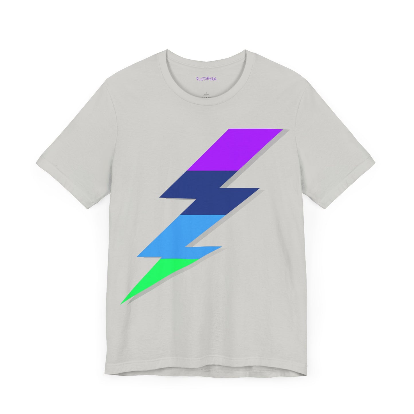 Silver-grey t-shirt with gradient lightning bolt graphic in purple, blue, and green