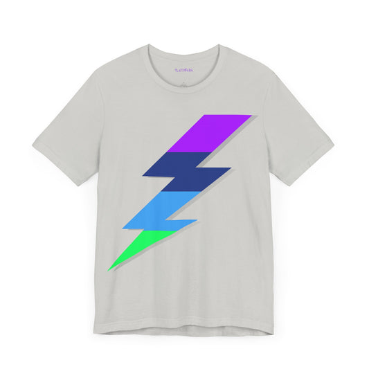 Silver-grey t-shirt with gradient lightning bolt graphic in purple, blue, and green