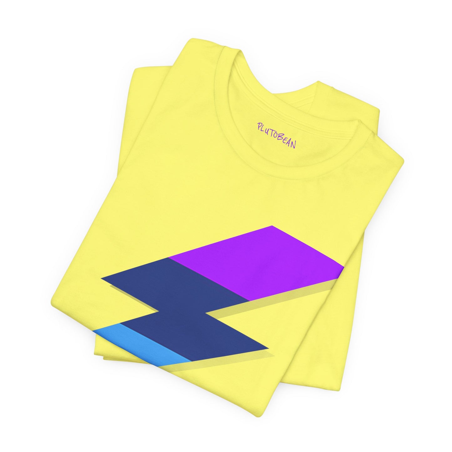 Folded yellow tee with multicolored lightning bolt artwork