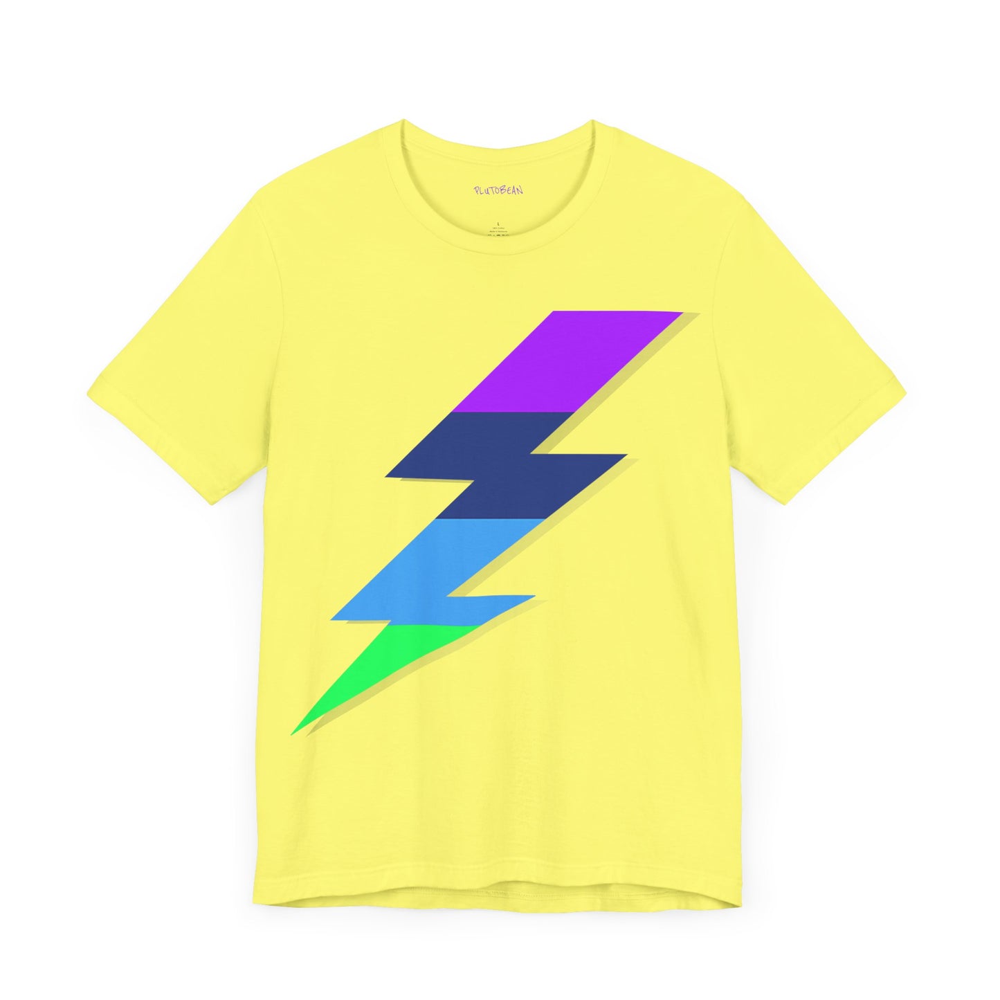 Yellow t-shirt with a bold lightning bolt design in purple, blue, and green shades