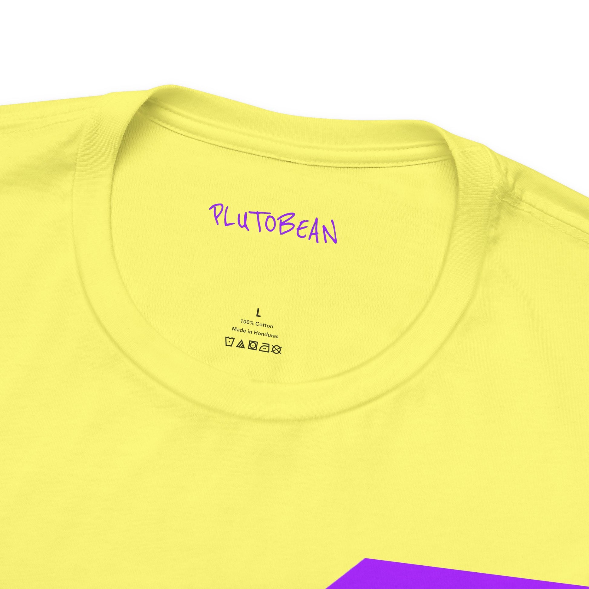 Close-up of neckline and collar tag on yellow LIGHTNING BOLT tee