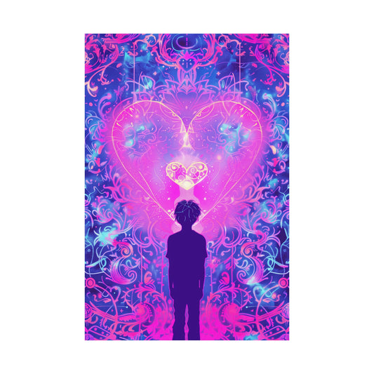 Silhouette of a person in front of a vibrant, heart-shaped design with intricate patterns on a white background.