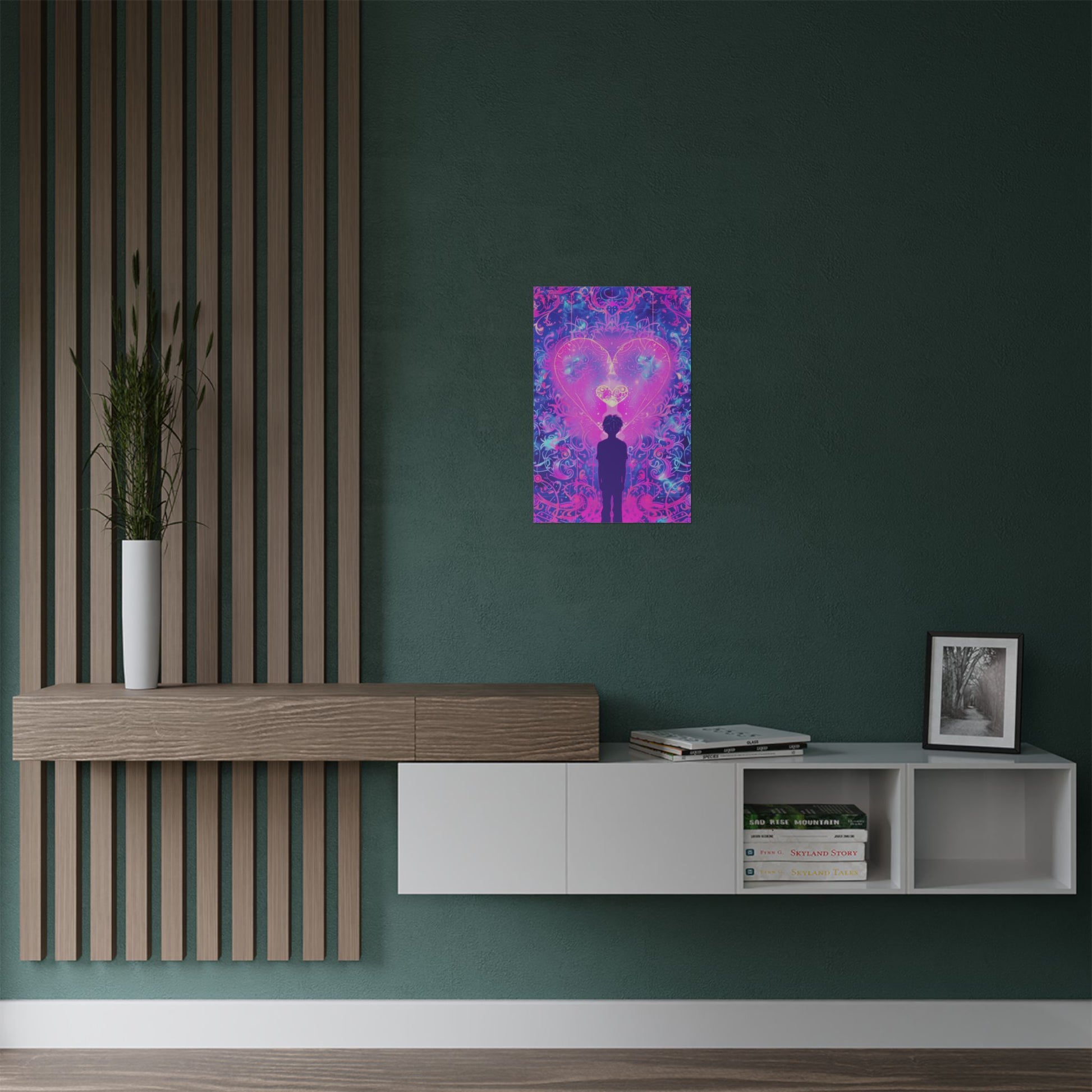 Modern interior design with a wall painting, wooden console, and white shelves.