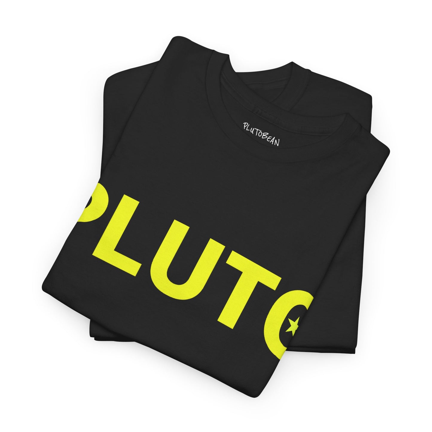 Folded black tee with bright yellow “PLUTO” graphic and star-inside-O detail
