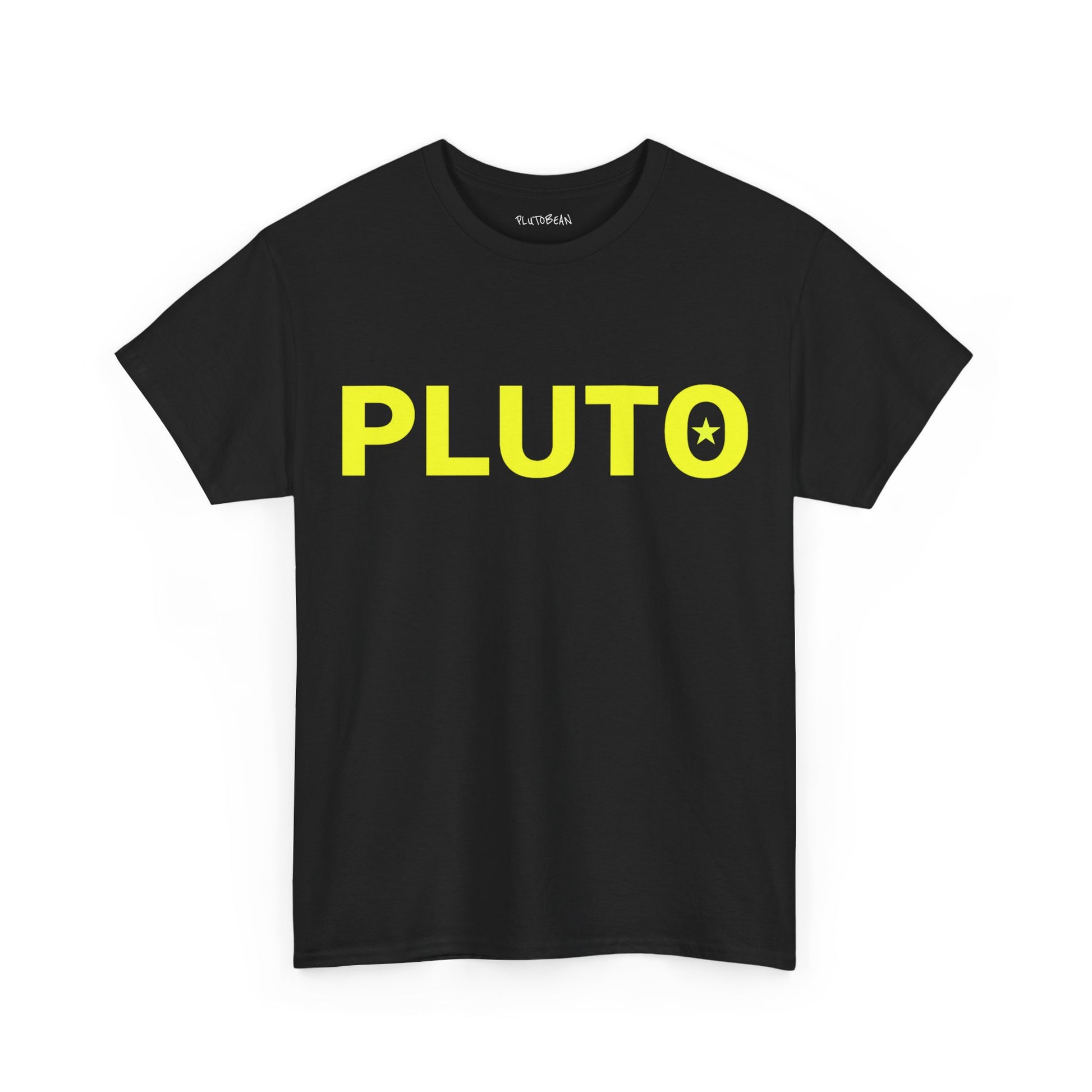 Black t-shirt with bold neon yellow “PLUTO” text across the chest, featuring a star symbol inside the “O”