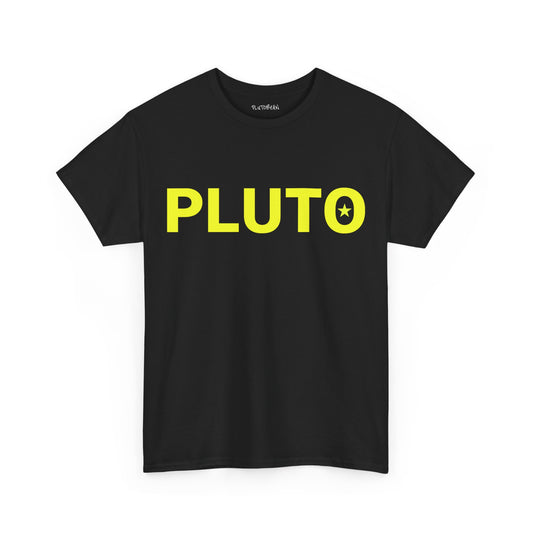 Black t-shirt with bold neon yellow “PLUTO” text across the chest, featuring a star symbol inside the “O”
