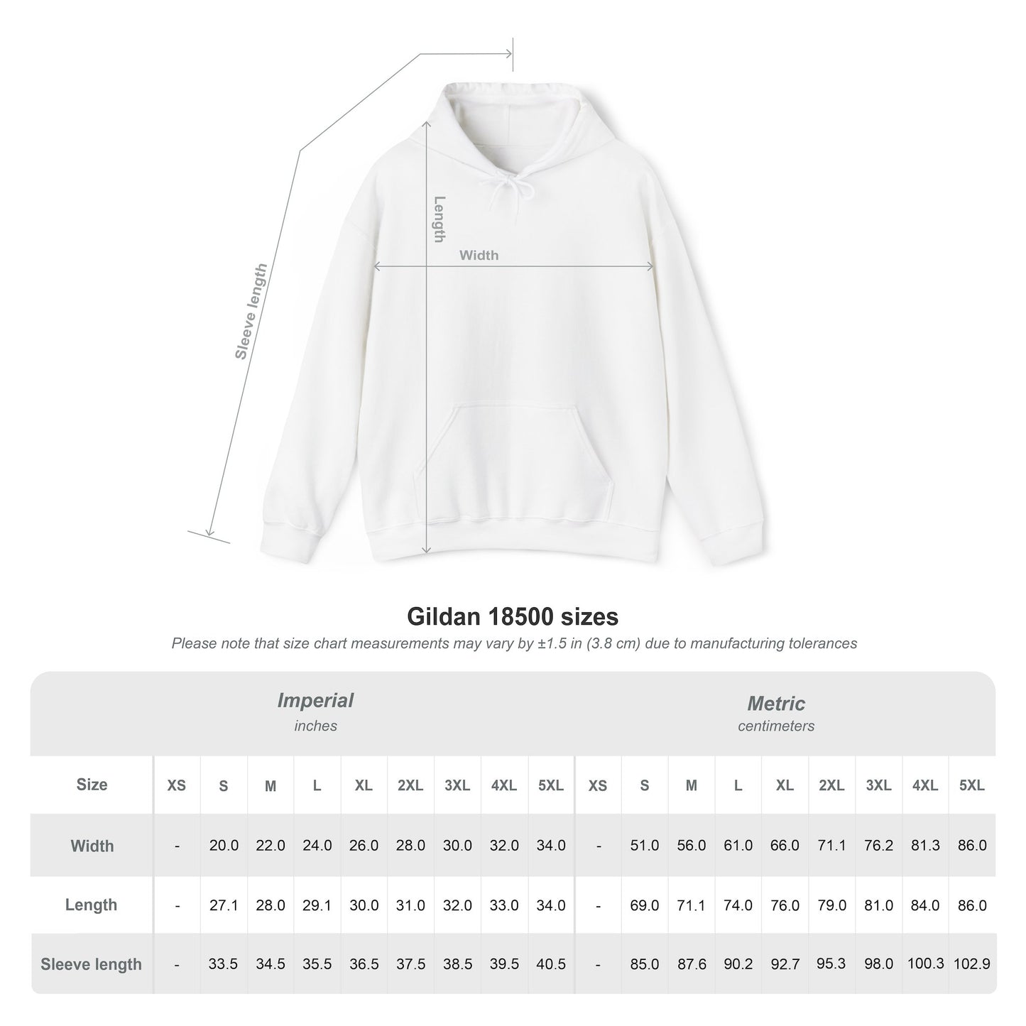 Pisces White hoodie with measurement chart on a white background