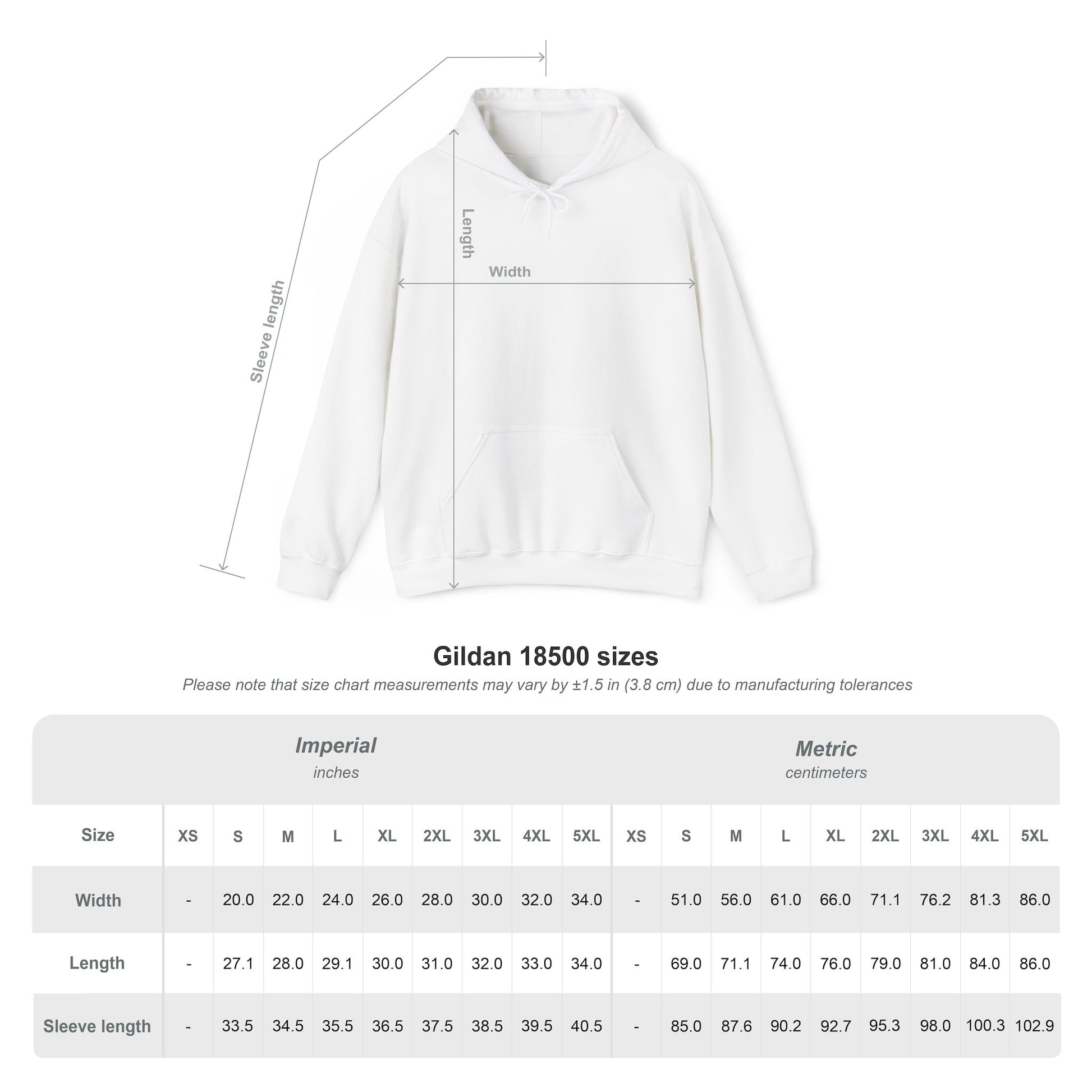 Pisces White hoodie with measurement chart on a white background