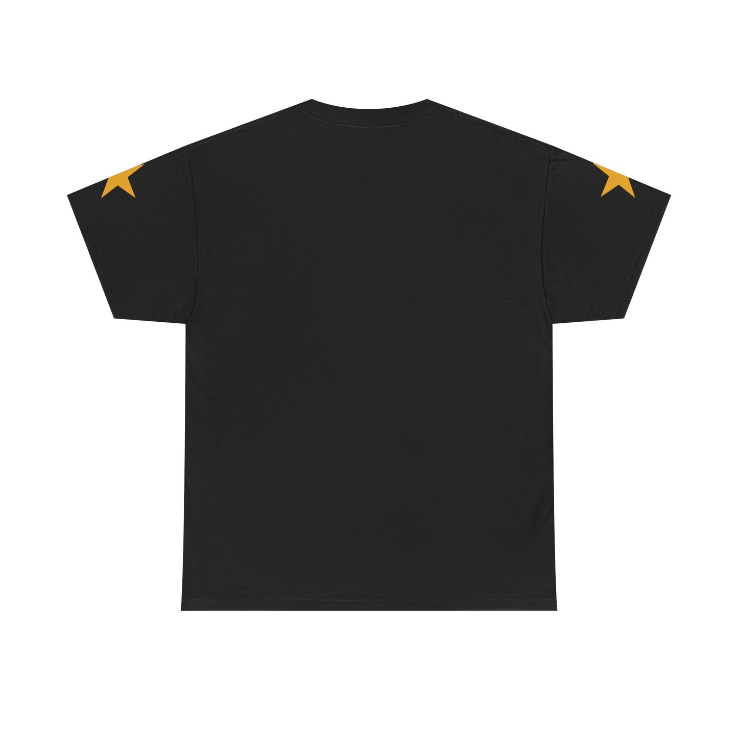 Black t-shirt with yellow accents on a white background