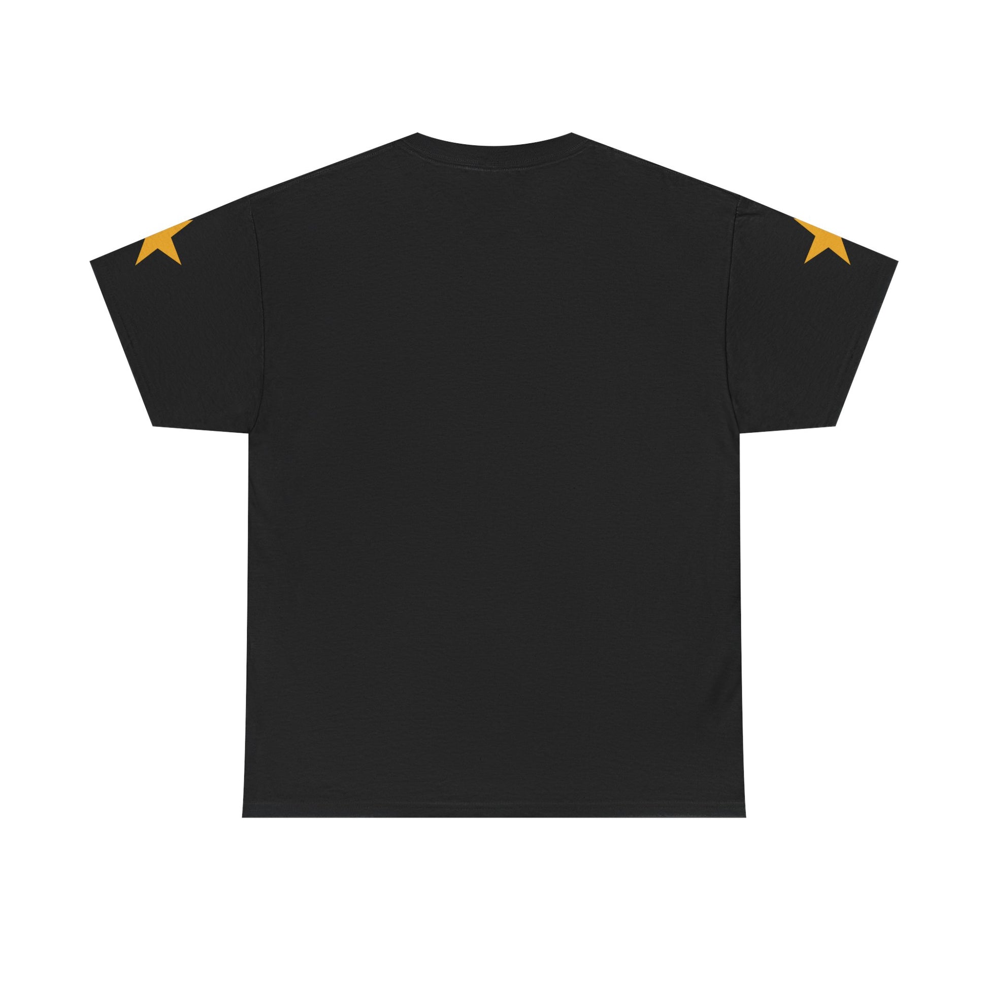 Black t-shirt with yellow accents on a white background