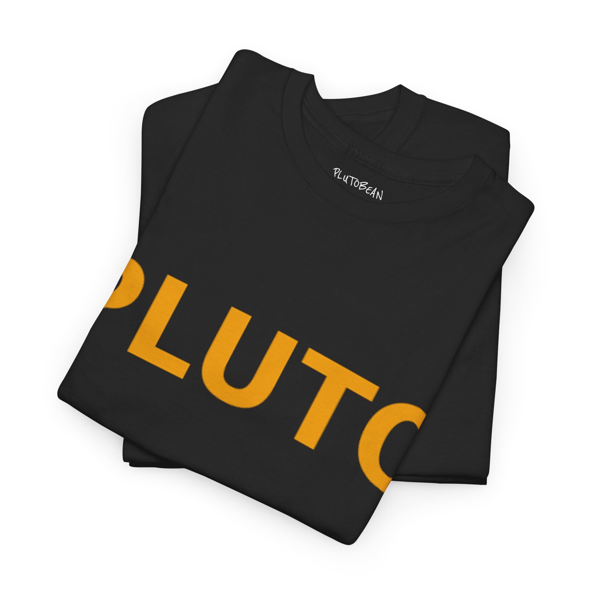 Black t-shirt with yellow text 'PLUTO' and white text 'PLUTOBAN' on a white background
