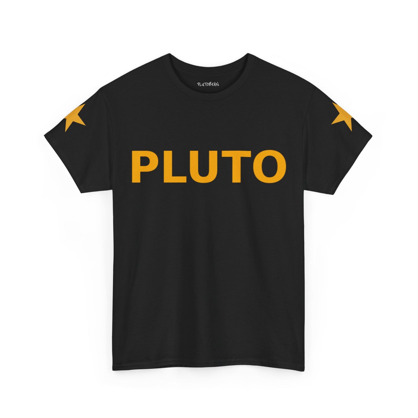 Black t-shirt with 'PLUTO' in yellow on a white background