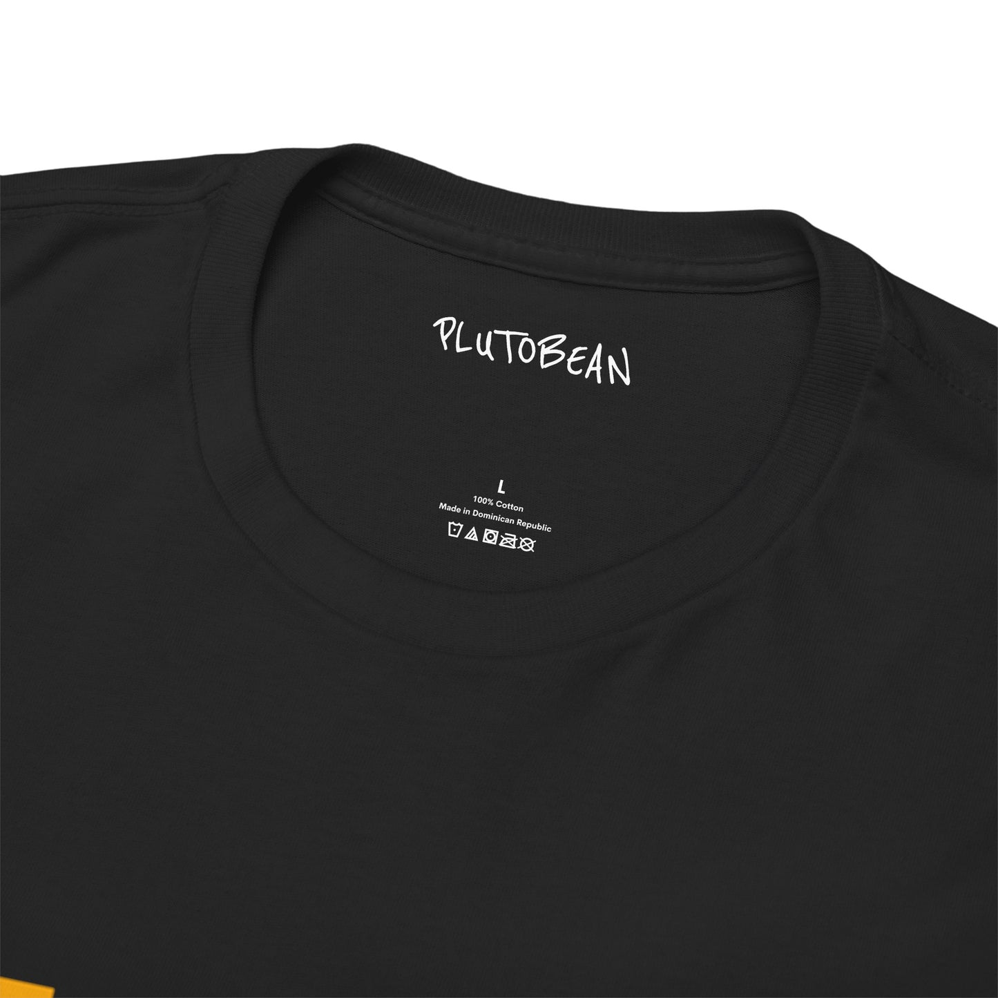 Black t-shirt with 'PLUTOBEAN' branding on a white background