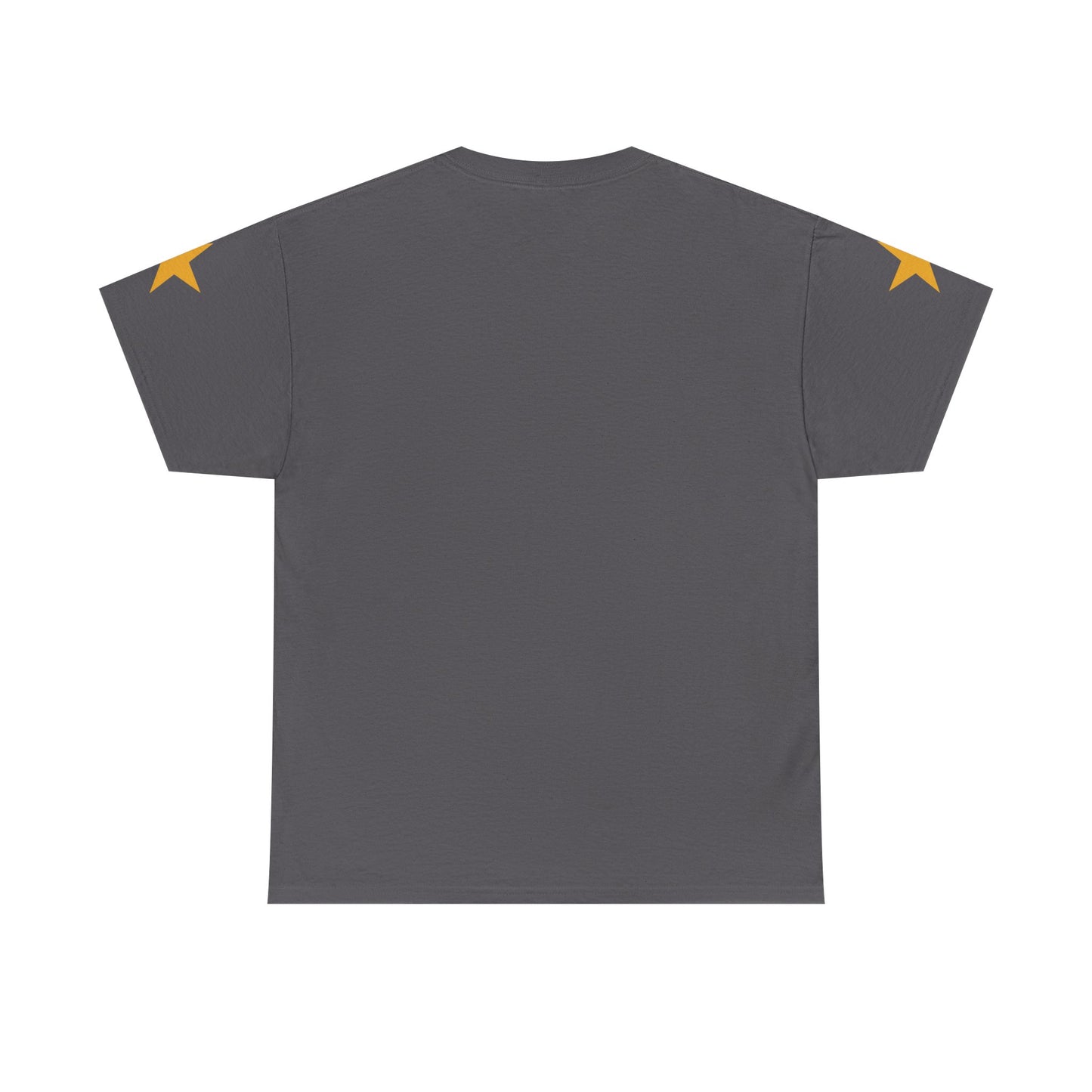 Gray t-shirt with yellow star designs on sleeves against a white background