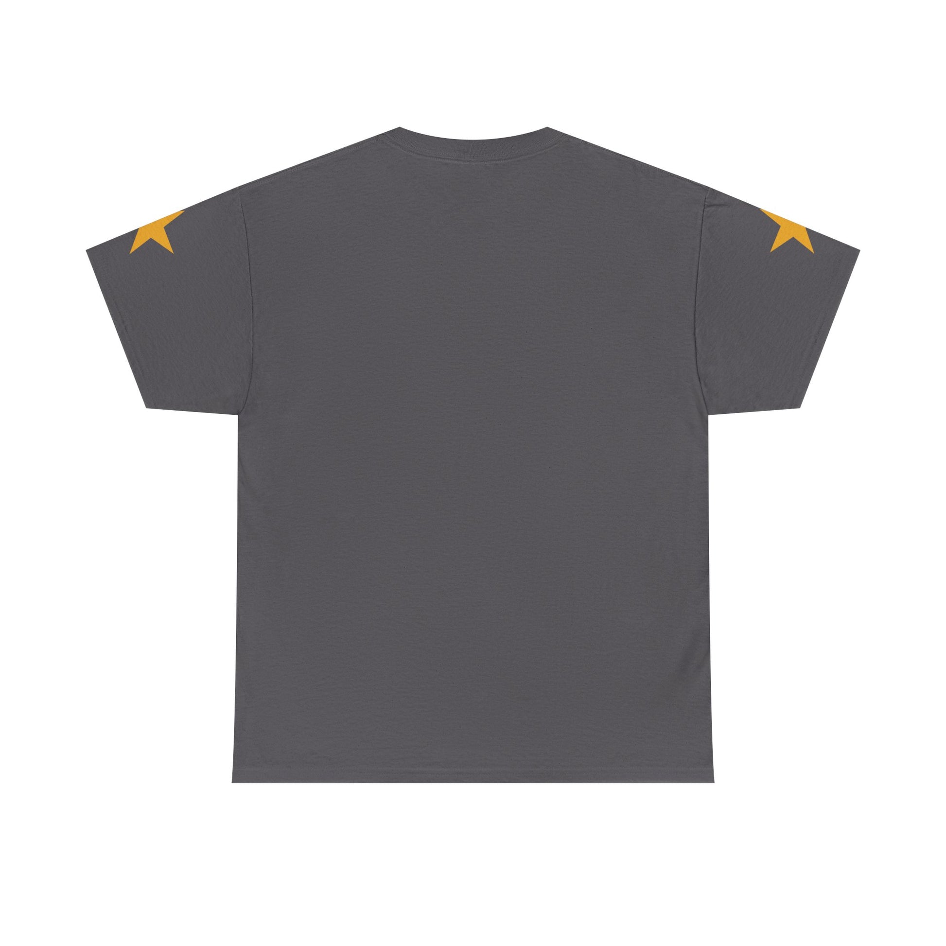 Gray t-shirt with yellow star designs on sleeves against a white background