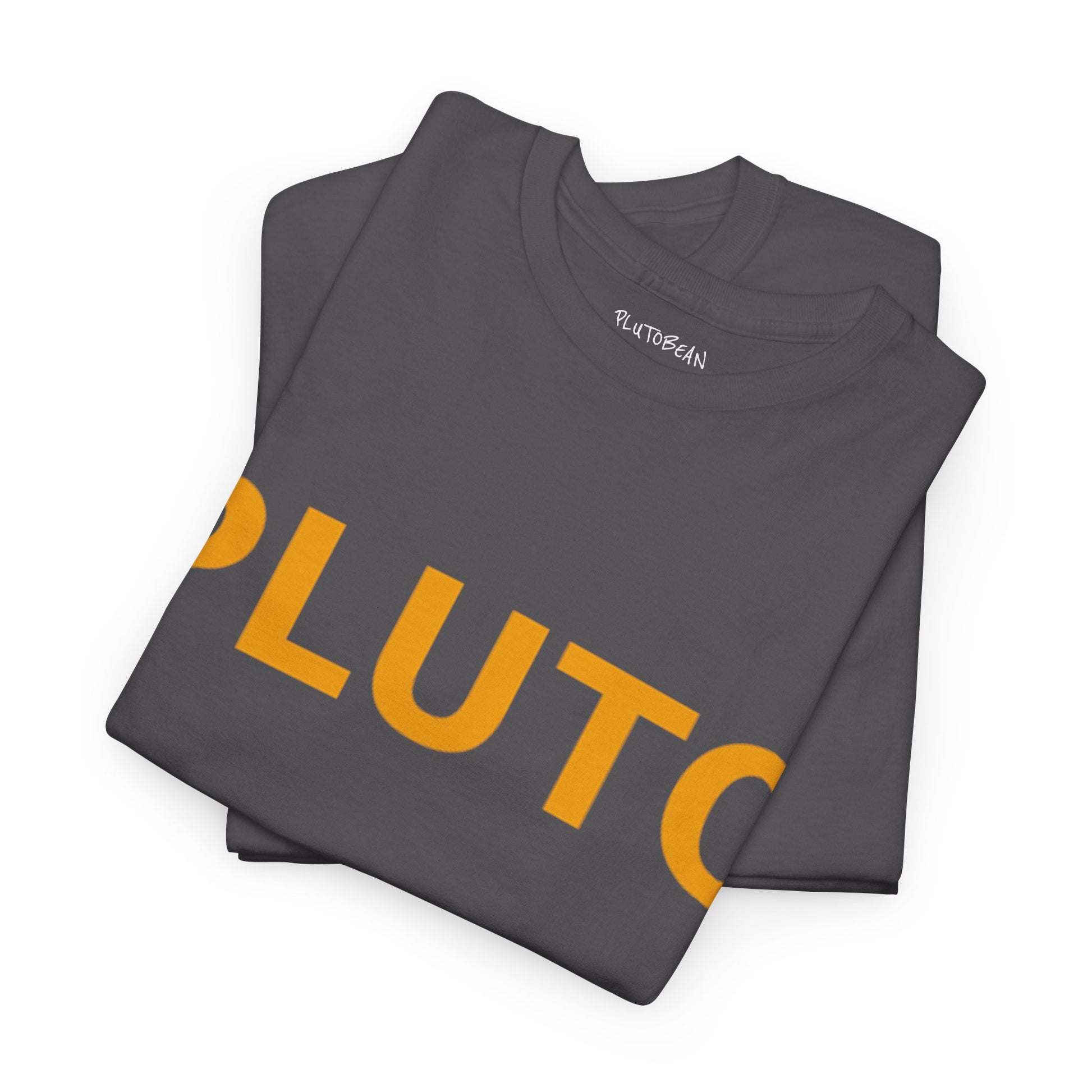 Folded dark gray t-shirt with 'PLUTO' printed in yellow on a white background